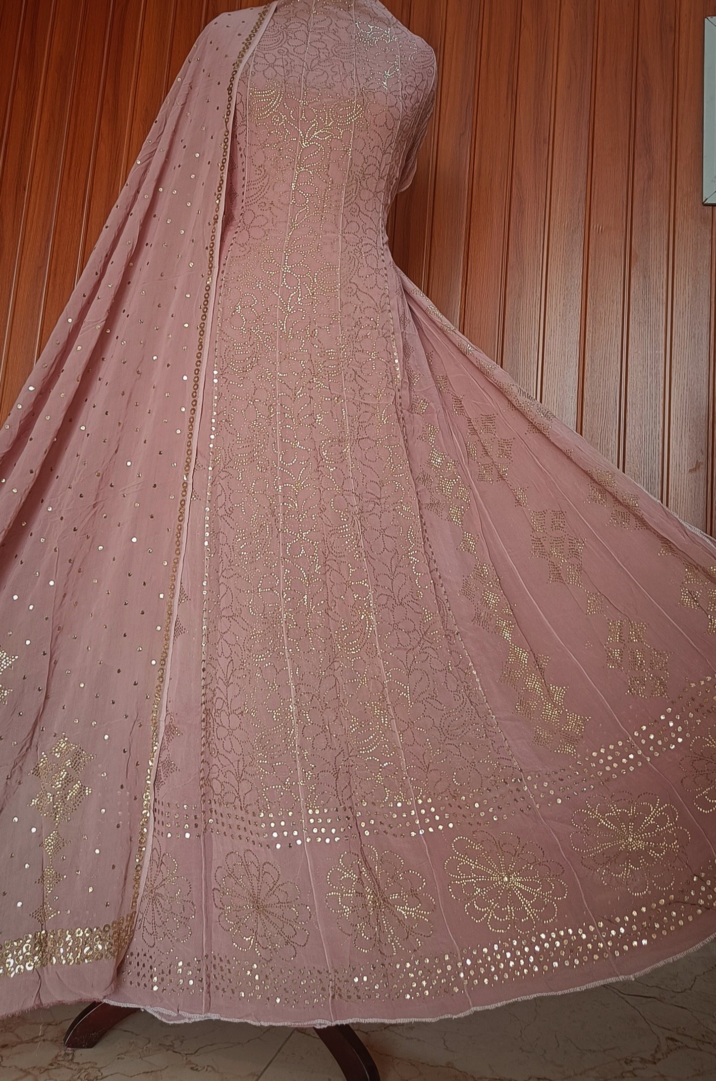 Old Rose Pink Allover Heavy Mukaish Georgette Anarkali with Dupatta