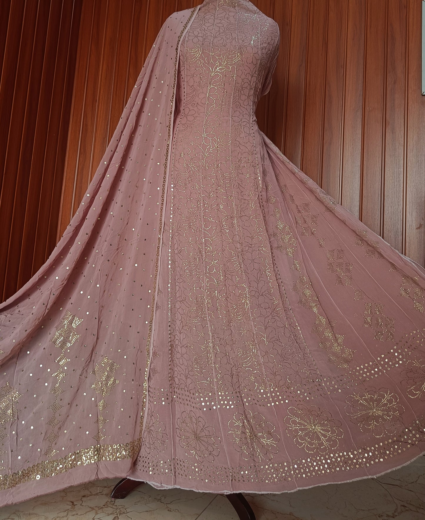 Old Rose Pink Allover Heavy Mukaish Georgette Anarkali with Dupatta