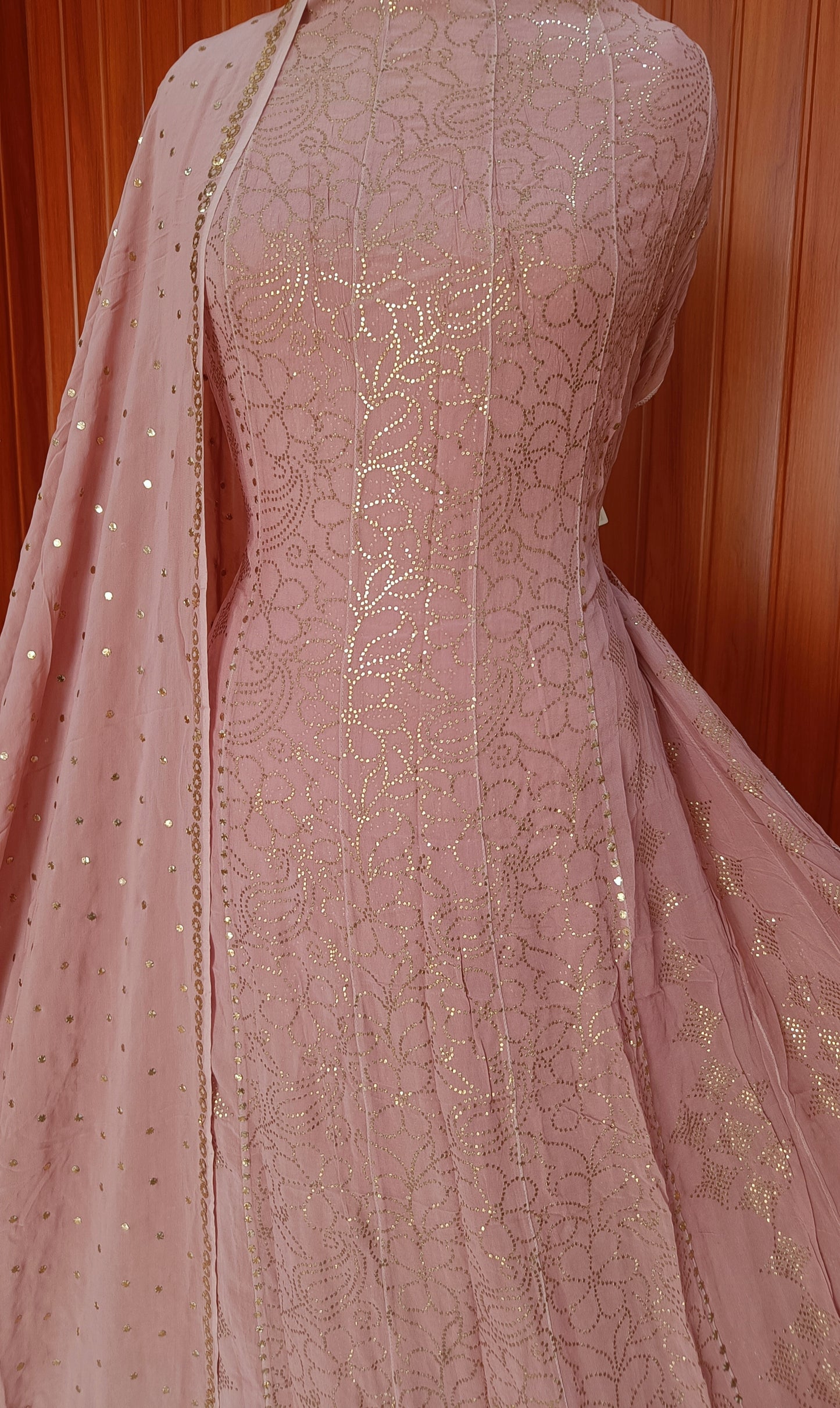 Old Rose Pink Allover Heavy Mukaish Georgette Anarkali with Dupatta