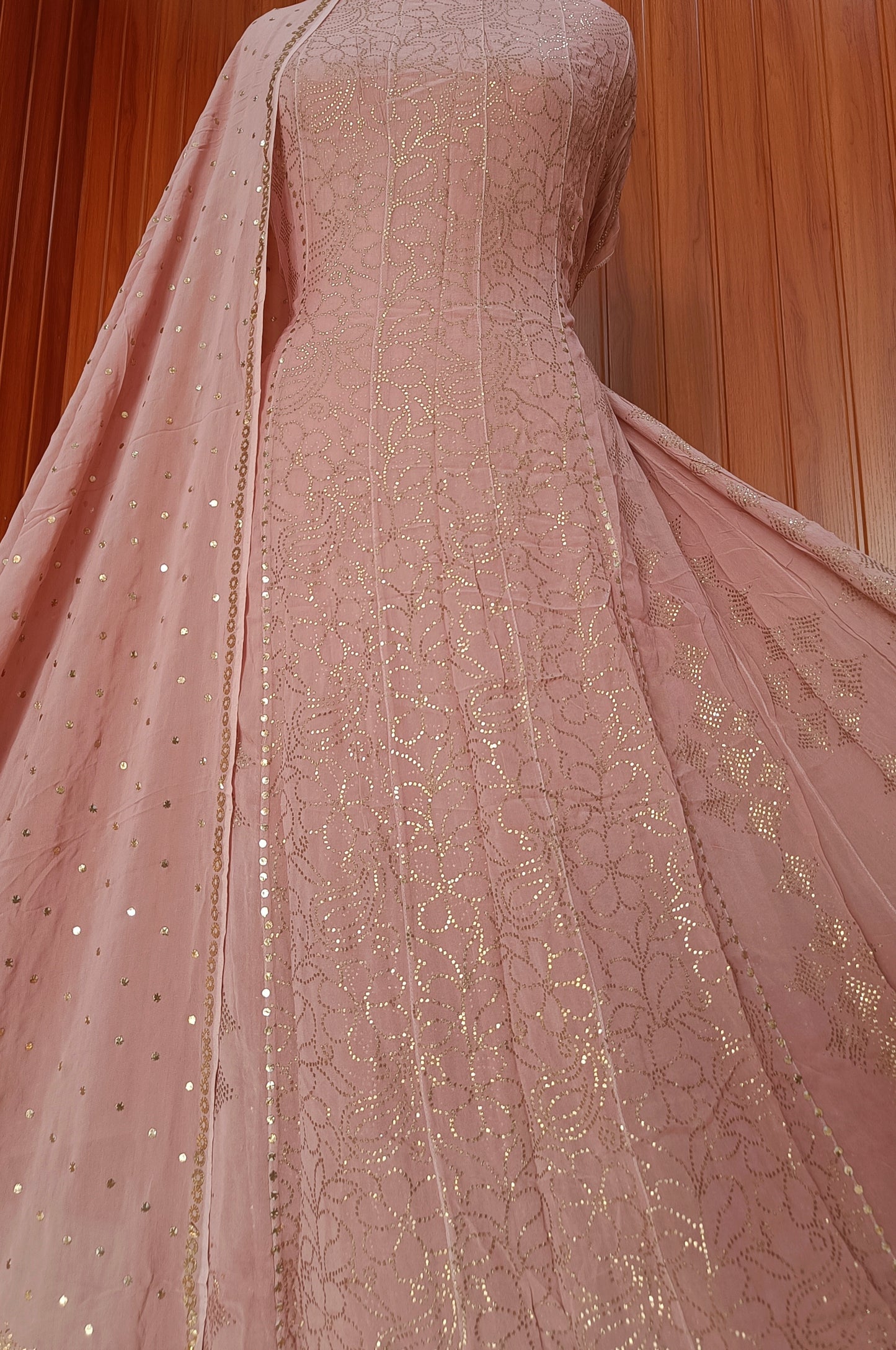 Old Rose Pink Allover Heavy Mukaish Georgette Anarkali with Dupatta