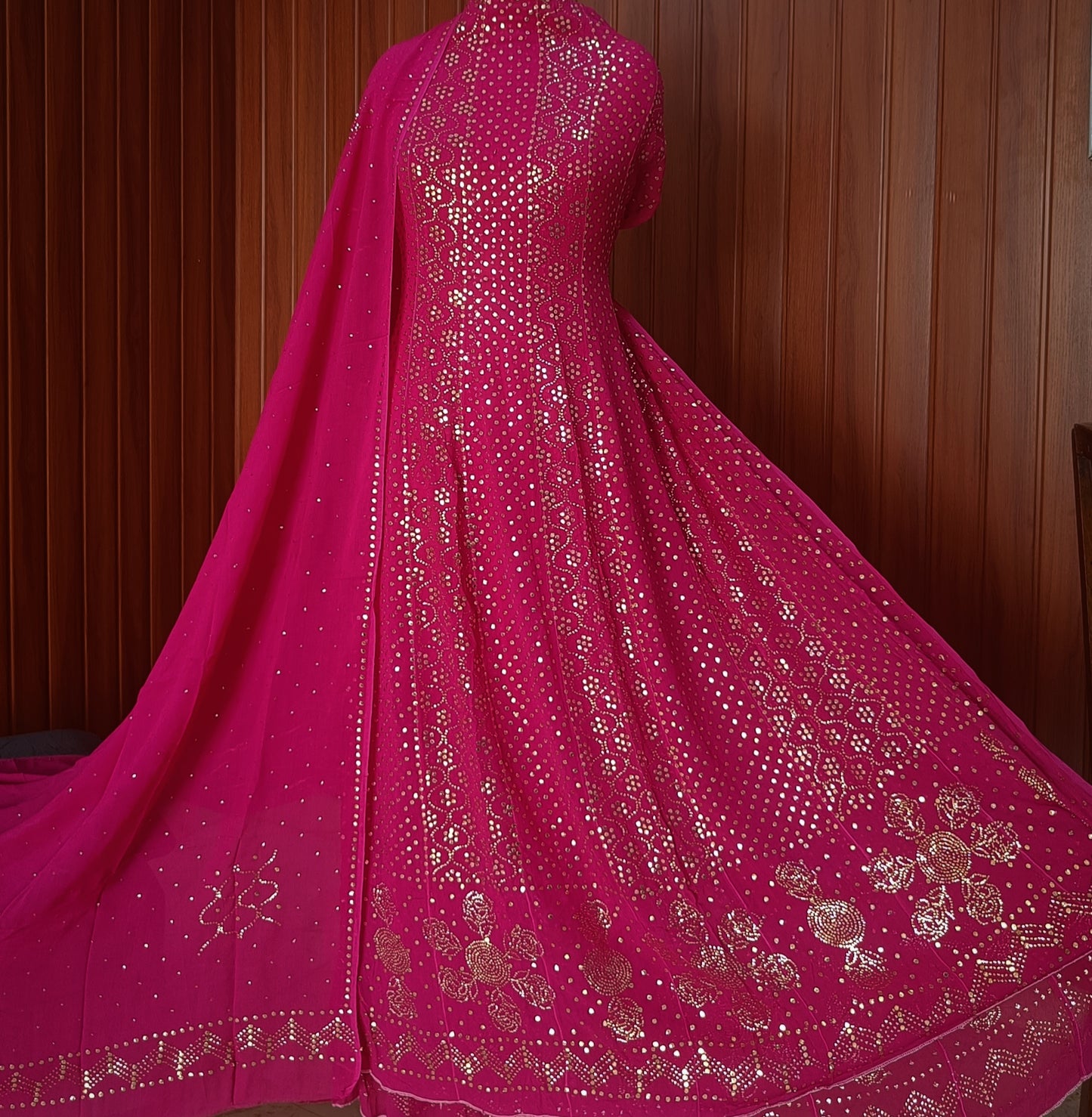 Fuschia Pink Allover Heavy Mukaish Georgette Anarkali with Dupatta