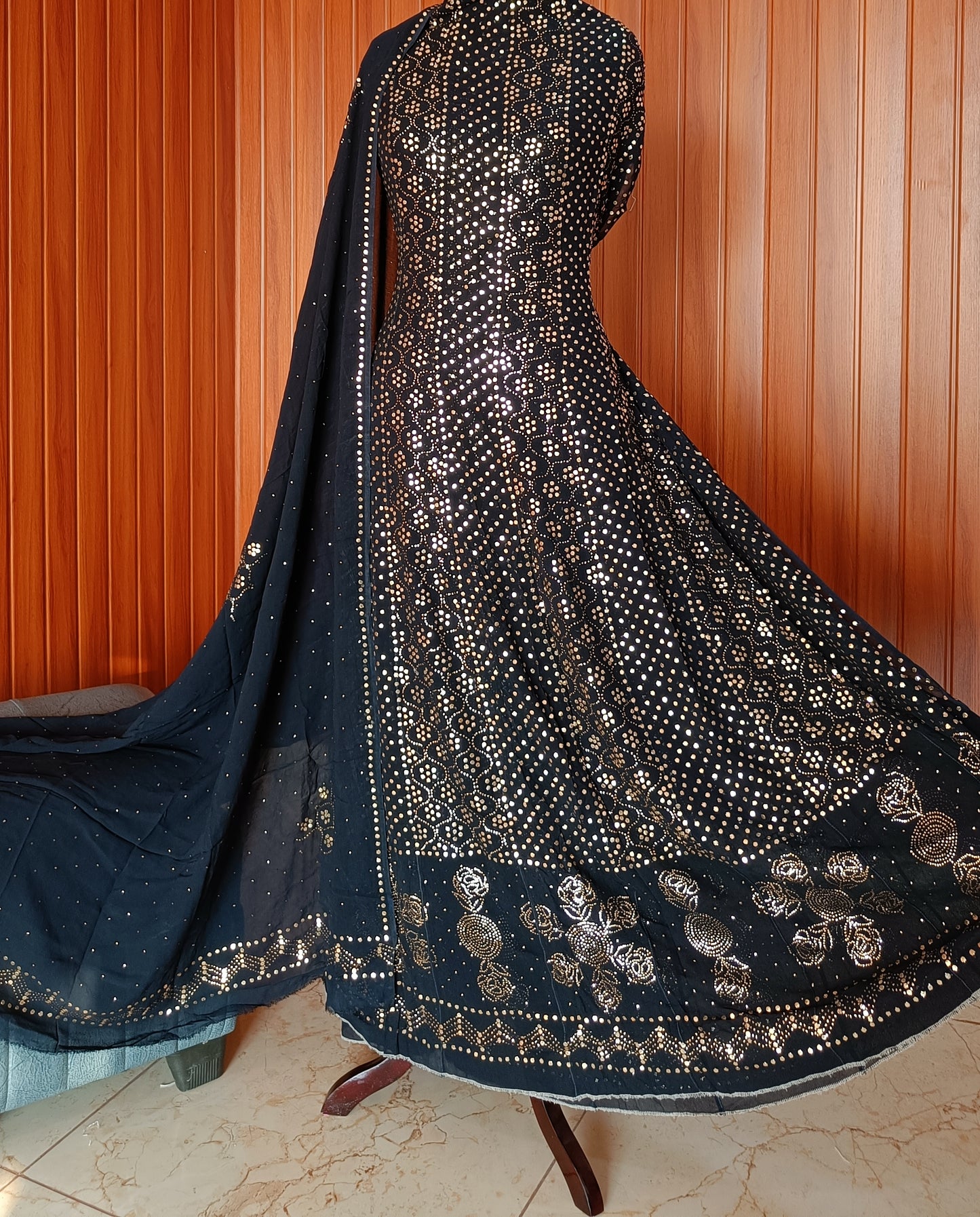 Black Allover Heavy Mukaish Georgette Anarkali with Dupatta