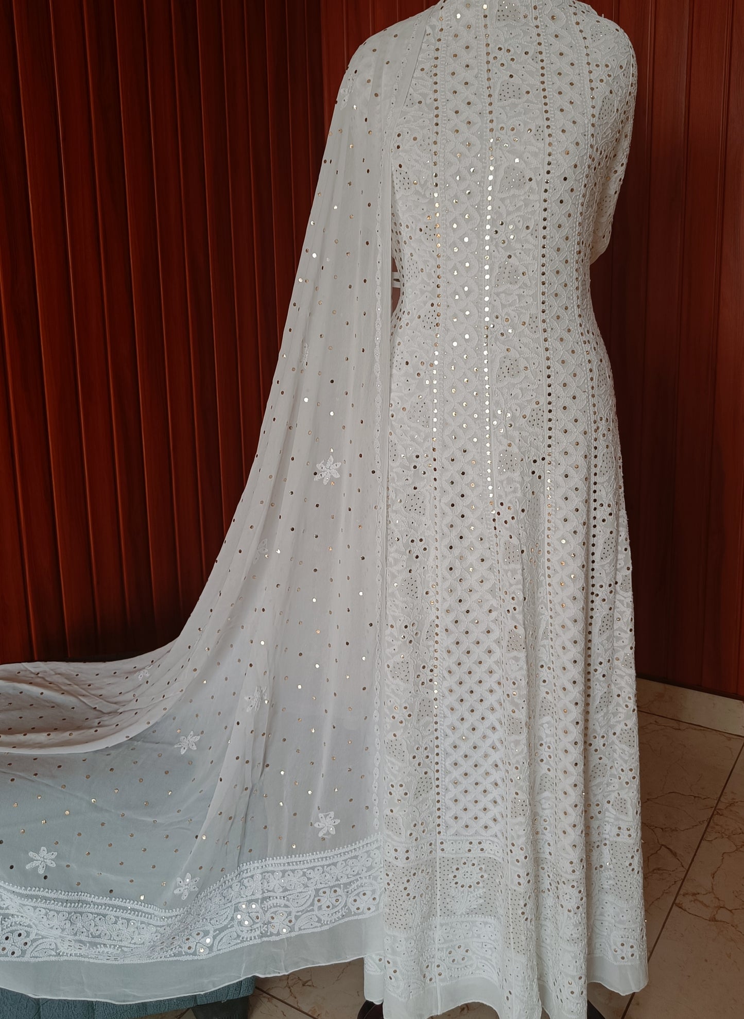 White Allover Chikankari and Heavy Mukaish Anarkali with Dupatta