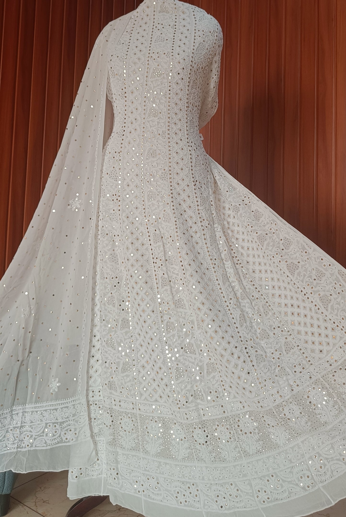 White Allover Chikankari and Heavy Mukaish Anarkali with Dupatta