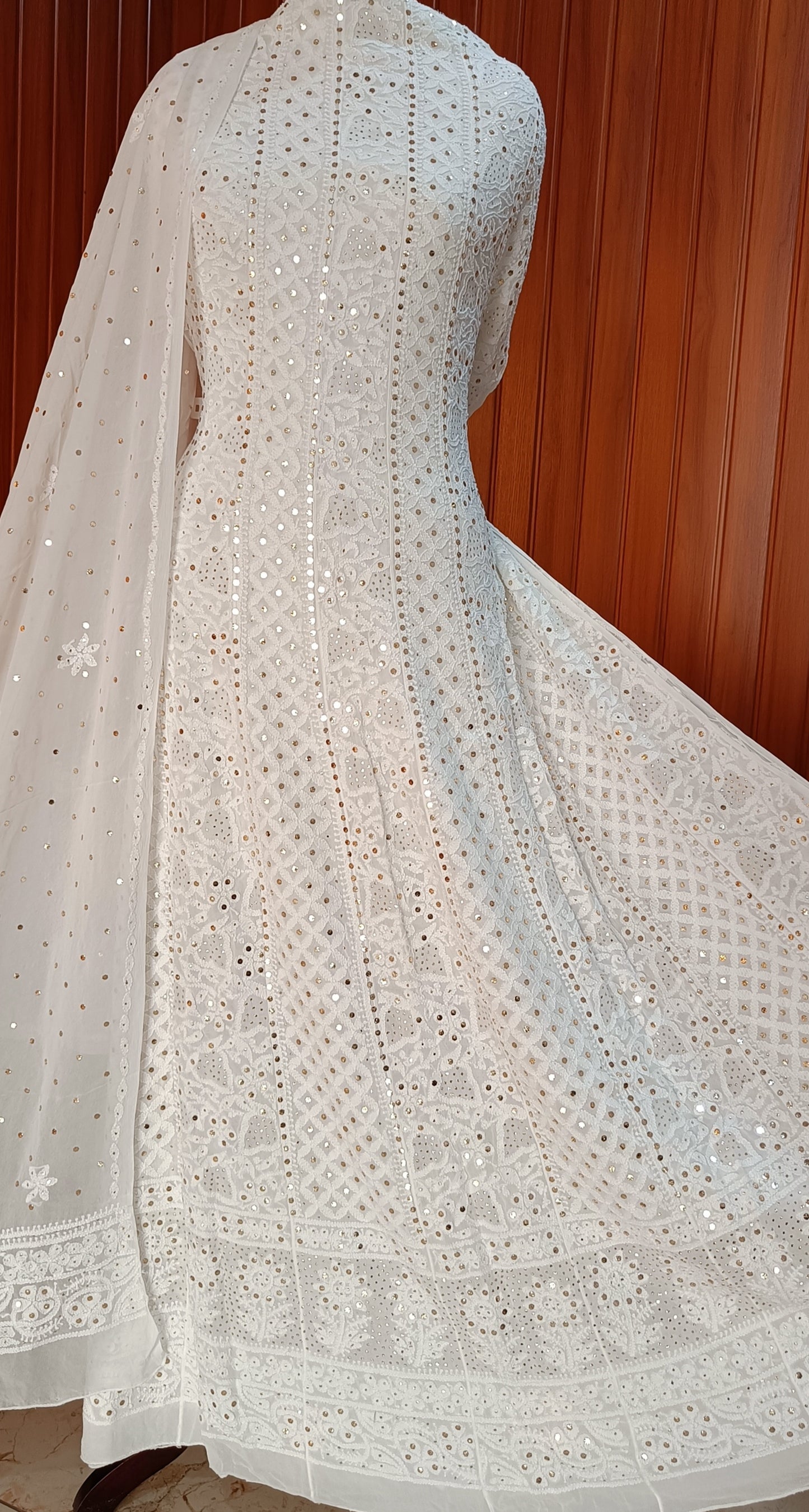 White Allover Chikankari and Heavy Mukaish Anarkali with Dupatta