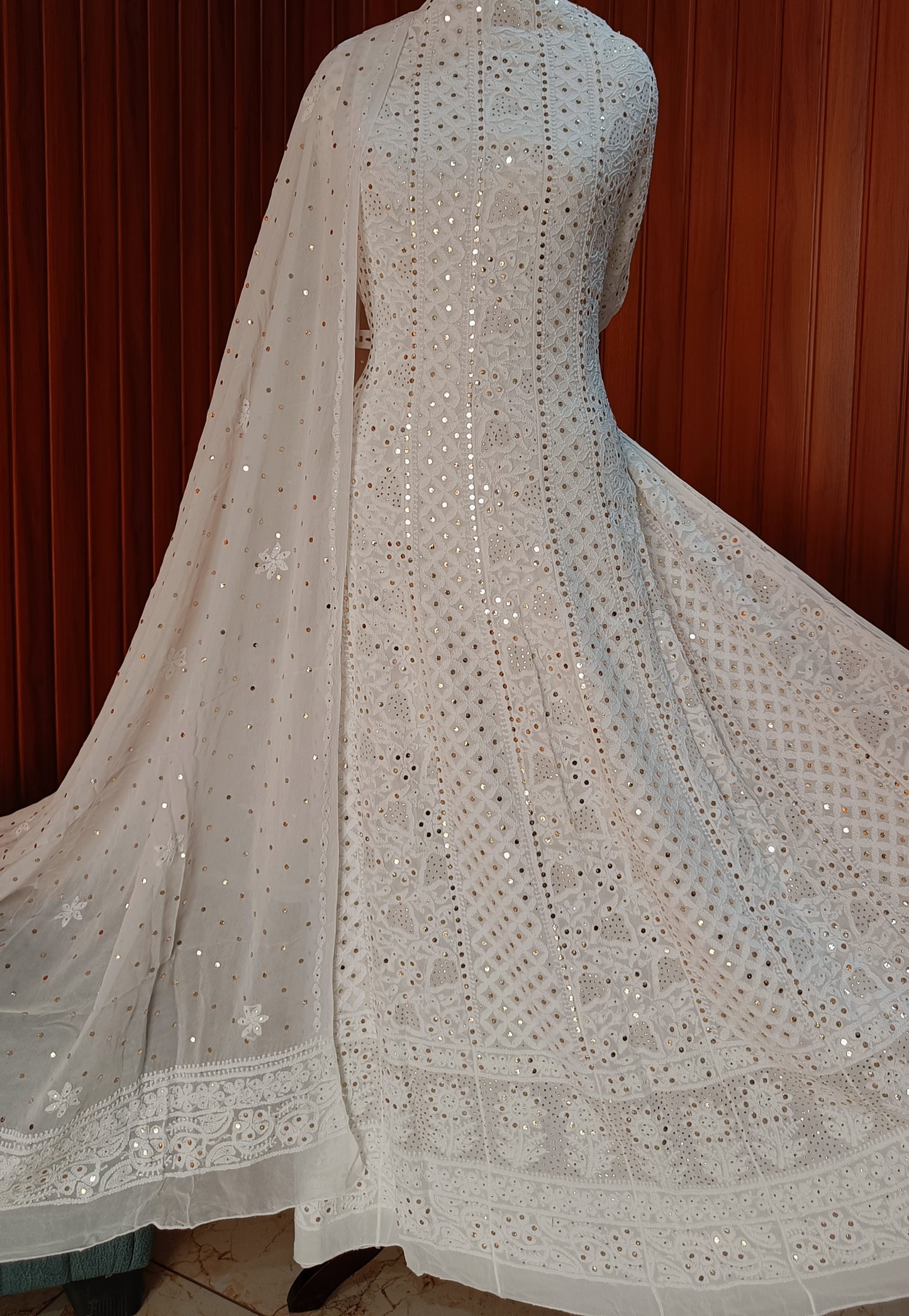 White Allover Chikankari and Heavy Mukaish Anarkali with Dupatta