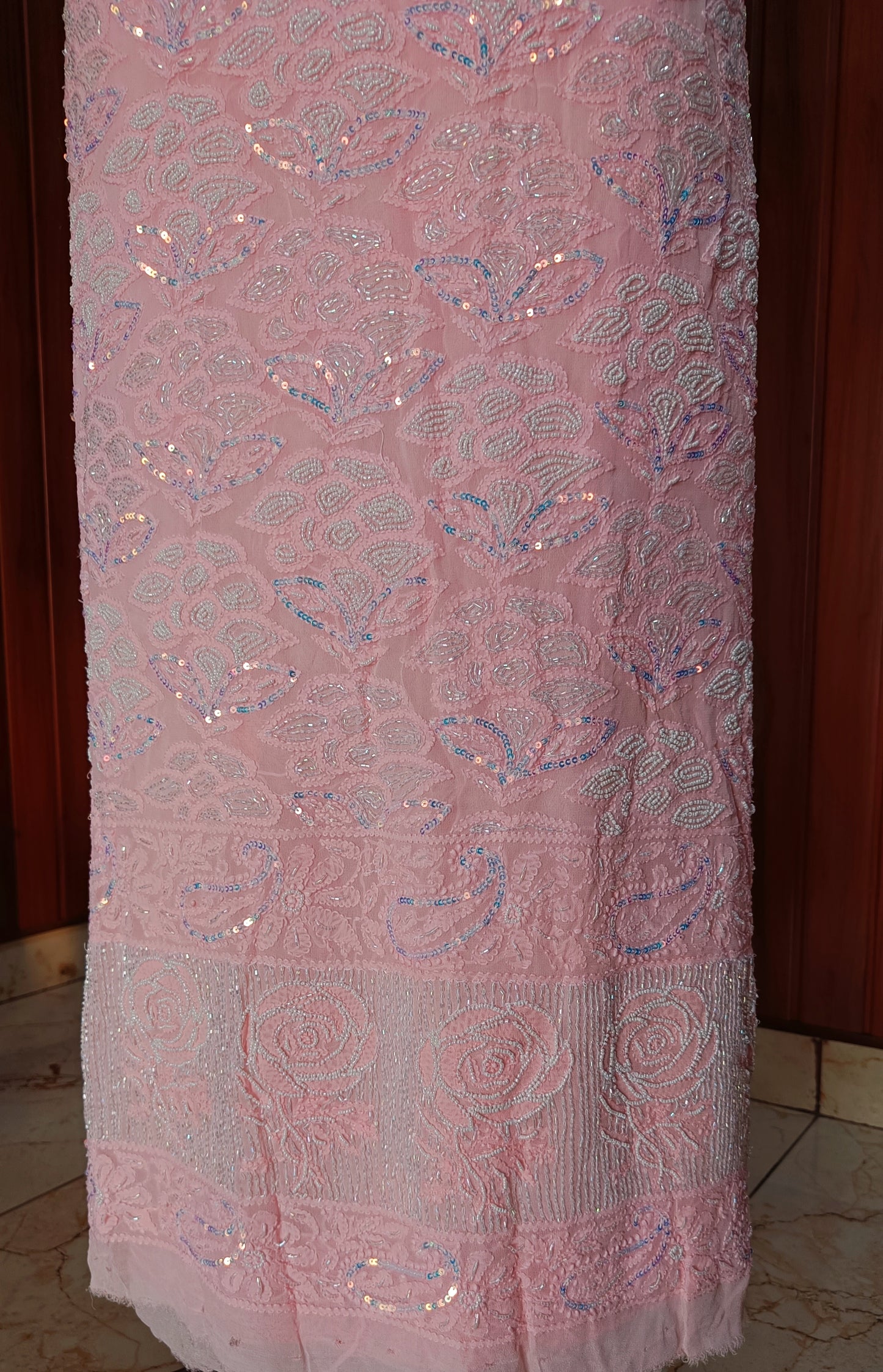 Peachy Pink Chikankari pearl sequins Kurta and Dupatta