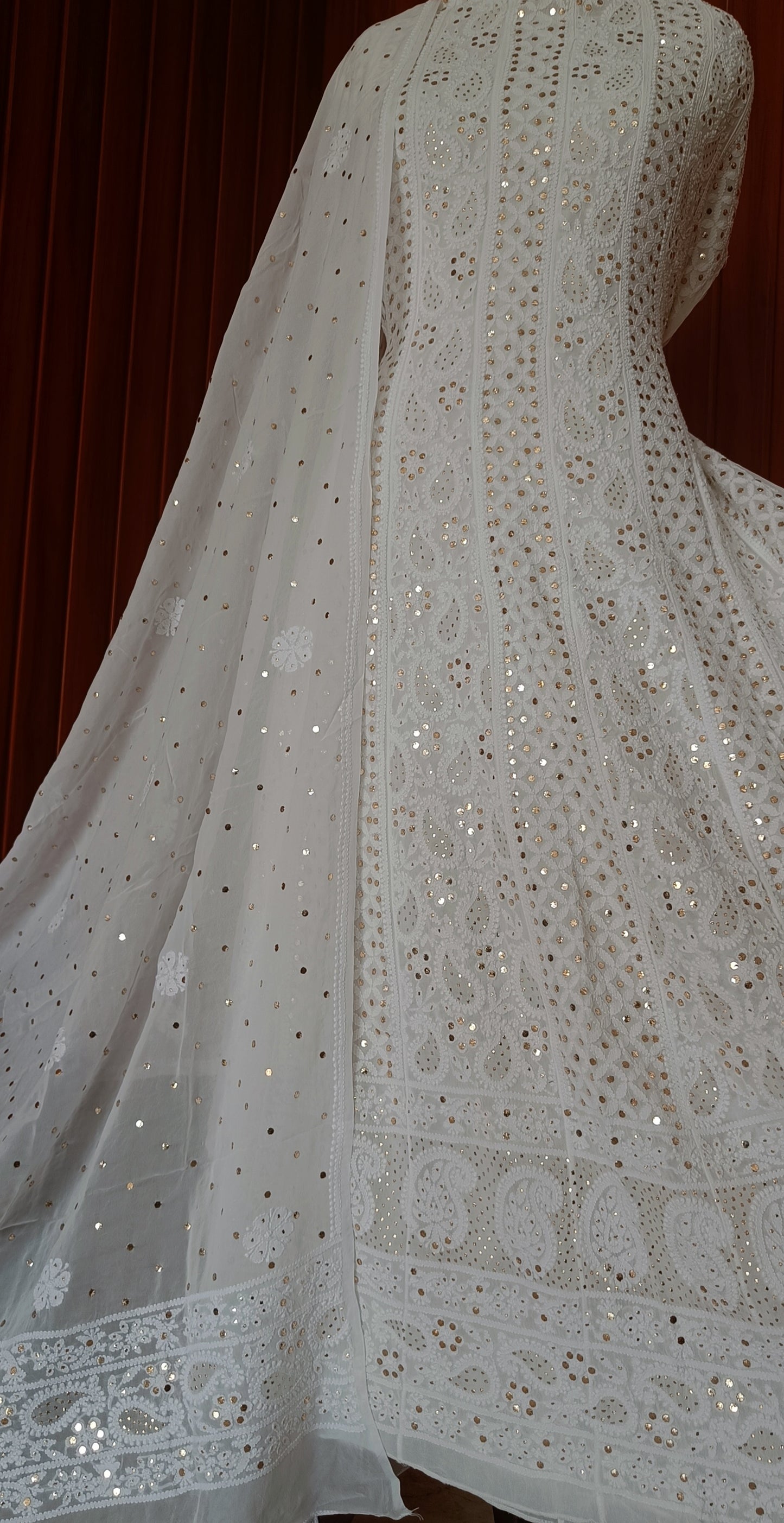White Allover Chikankari and Heavy Mukaish Anarkali with Dupatta