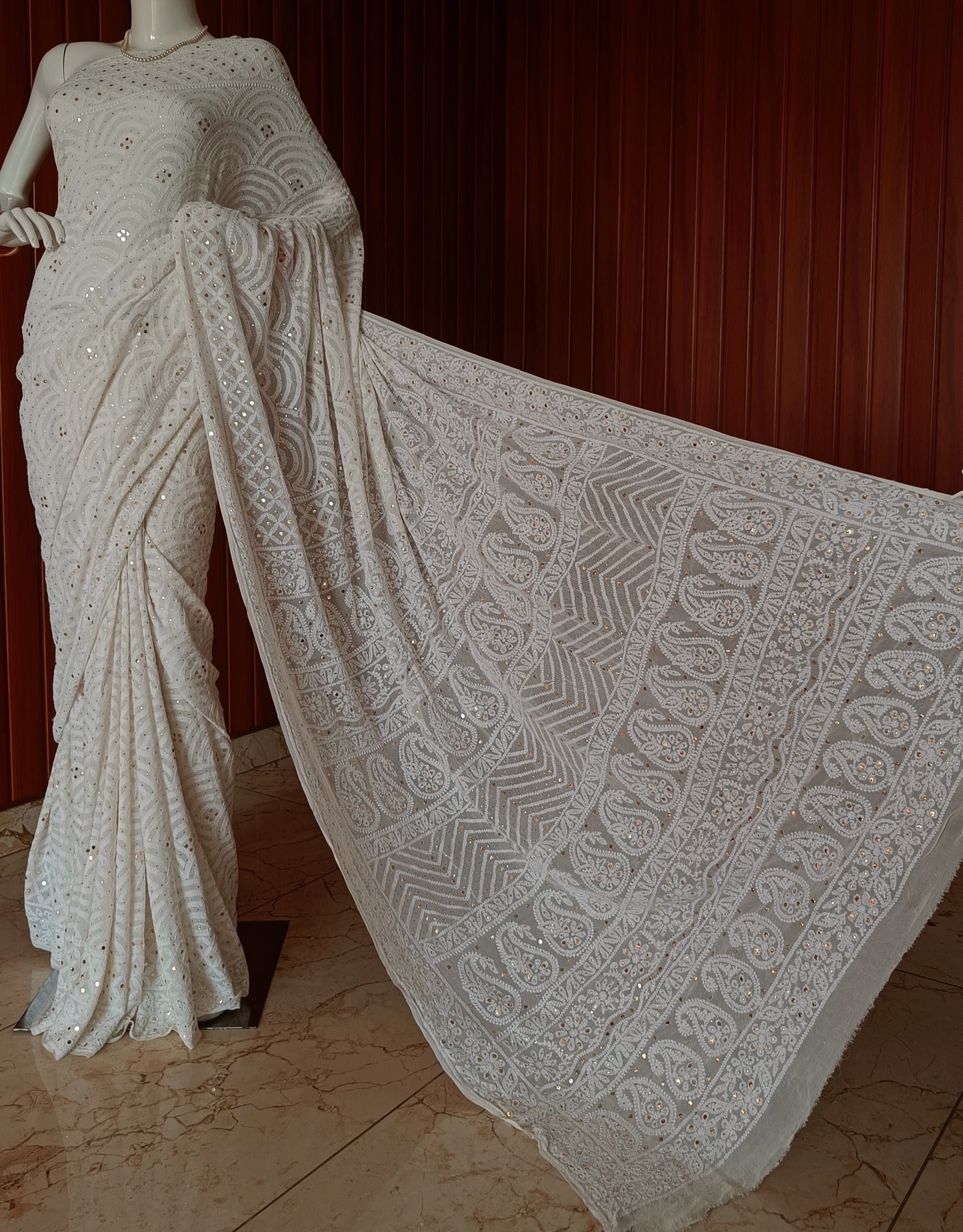 Ivory Ruhani Allover Chikankari and Mukaish Saree