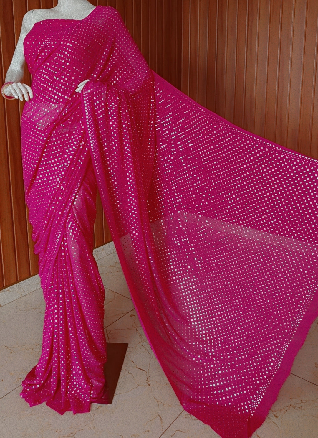 Ruhani Hot Pink Allover Mukaish Dana Pure Georgette Saree