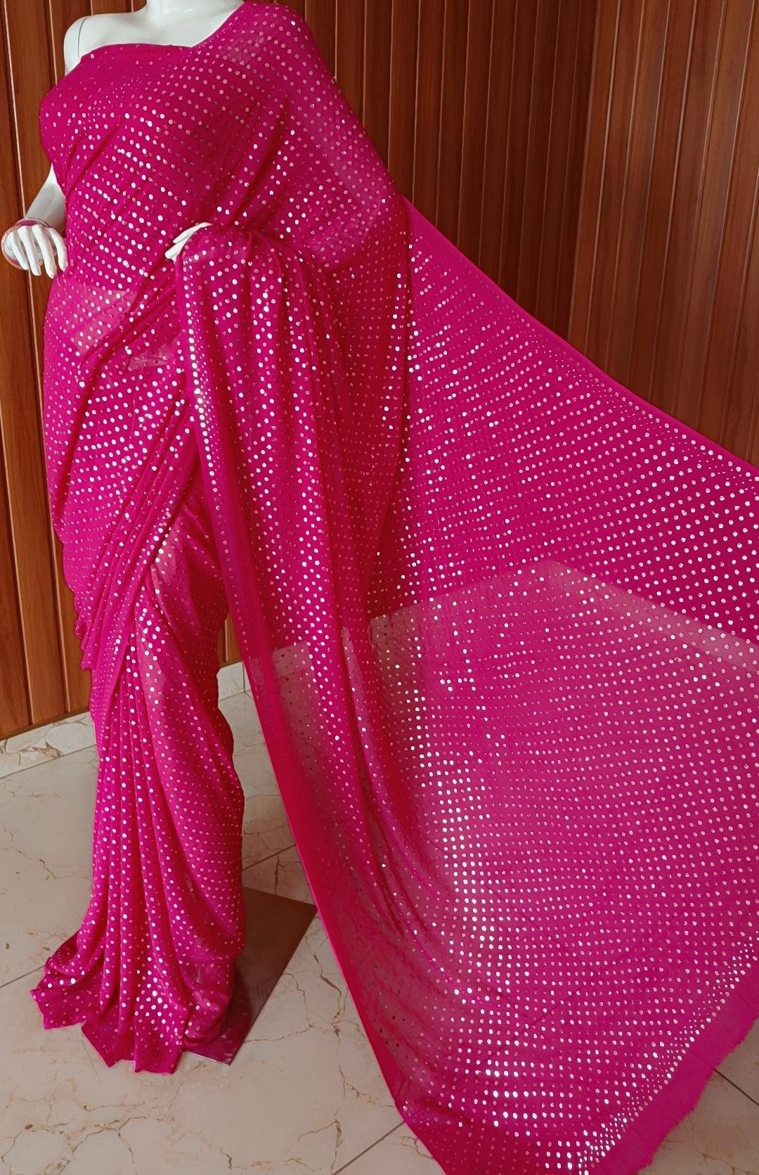 Ruhani Hot Pink Allover Mukaish Dana Pure Georgette Saree