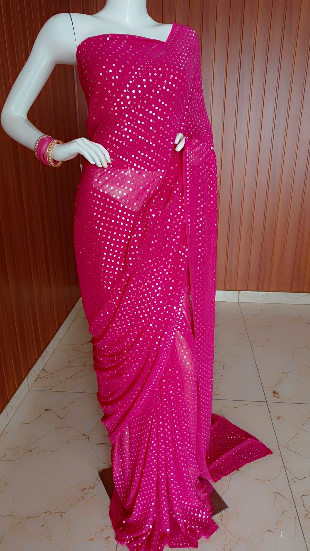 Ruhani Hot Pink Allover Mukaish Dana Pure Georgette Saree