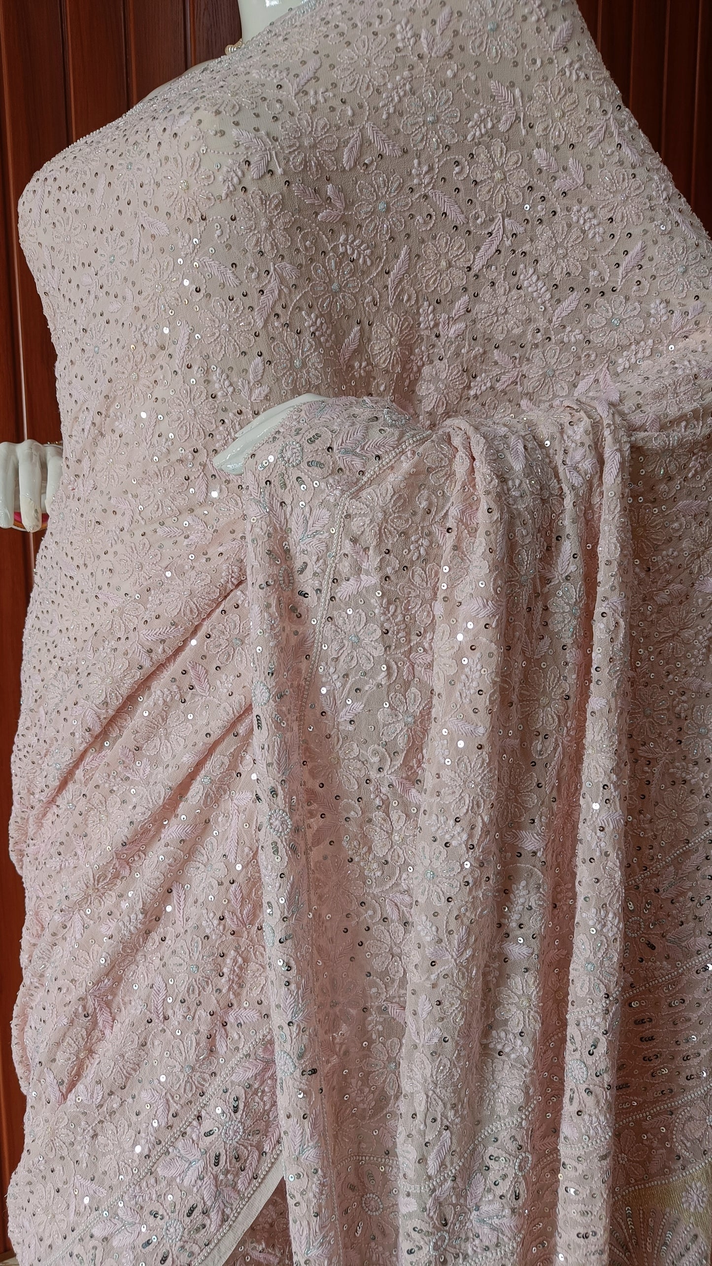 Ruhani Blush Pink 3 taar Chikankari Saree embellished with Pearl Sequins and Cut Dana