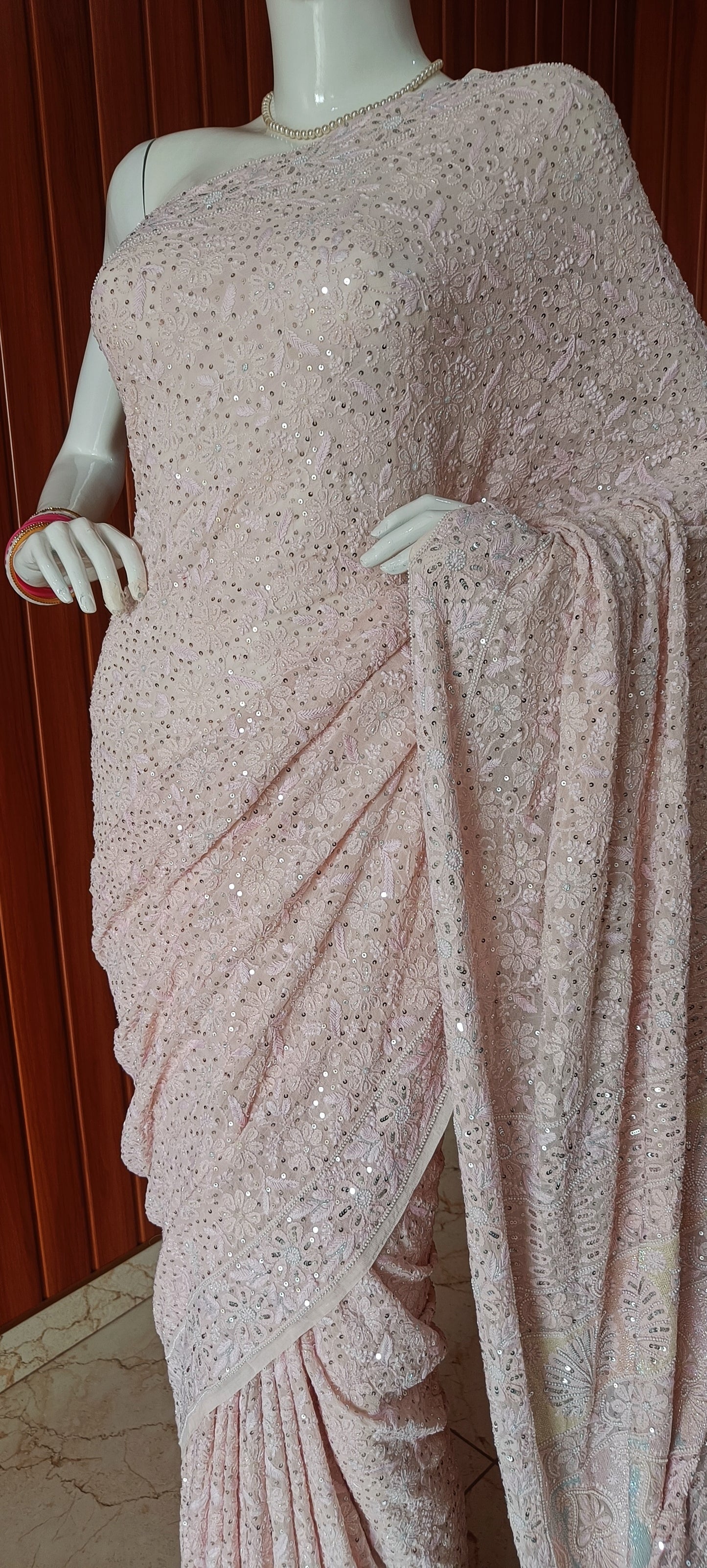 Ruhani Blush Pink 3 taar Chikankari Saree embellished with Pearl Sequins and Cut Dana