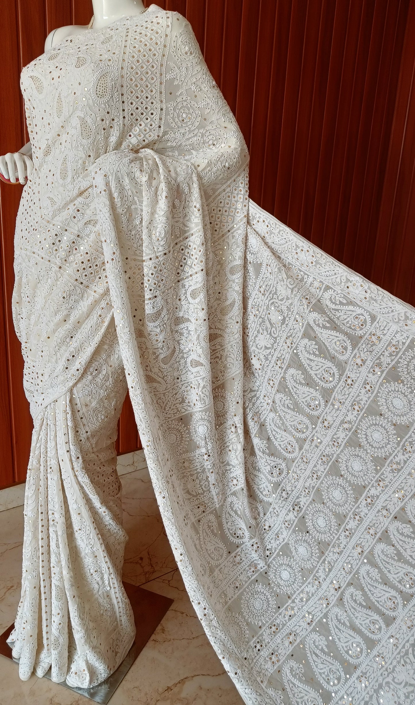 Ivory Ruhani Allover Chikankari and Mukaish Saree