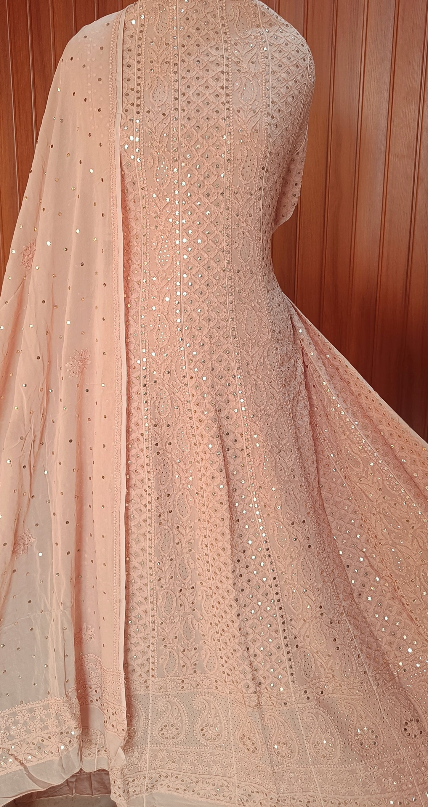 Nude Brown Allover Chikankari and Heavy Mukaish Anarkali with Dupatta
