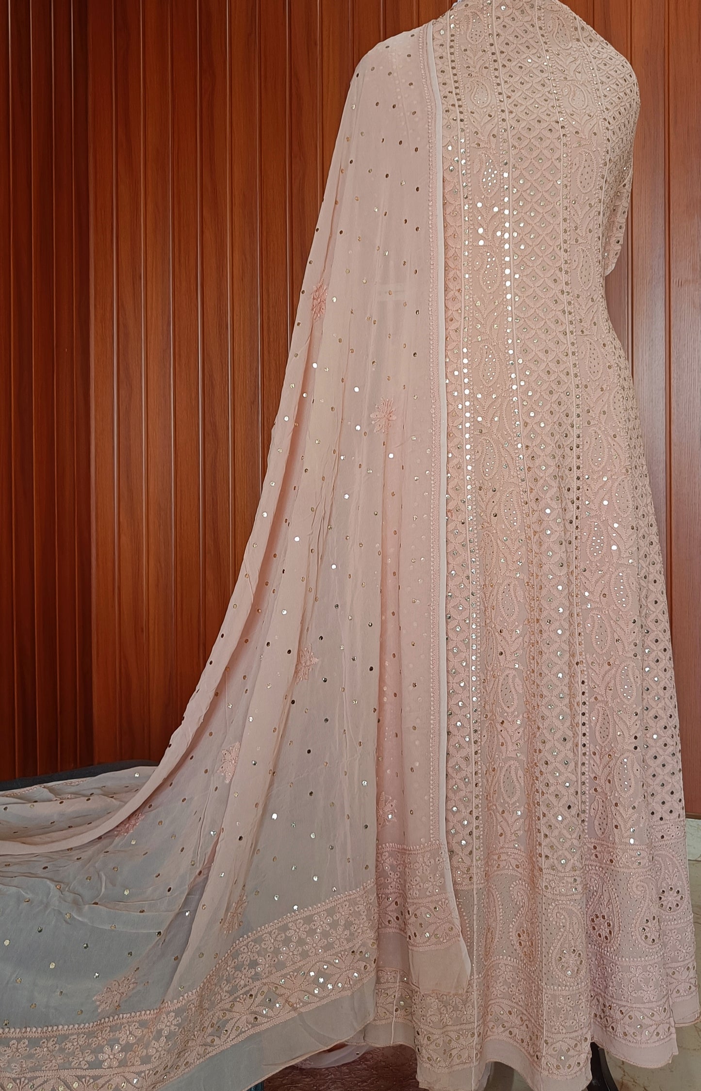 Nude Brown Allover Chikankari and Heavy Mukaish Anarkali with Dupatta
