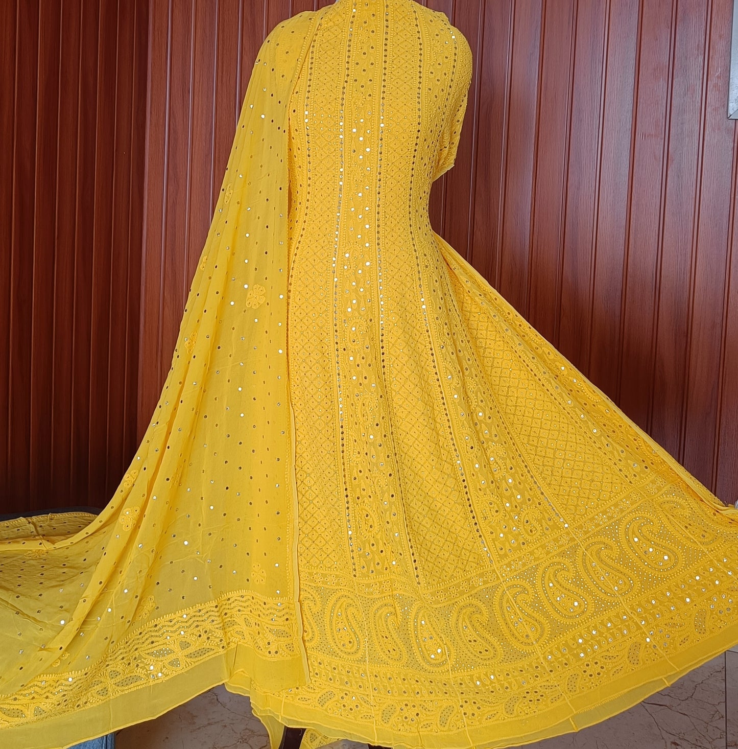 Yellow Allover Chikankari and Heavy Mukaish Anarkali with Dupatta