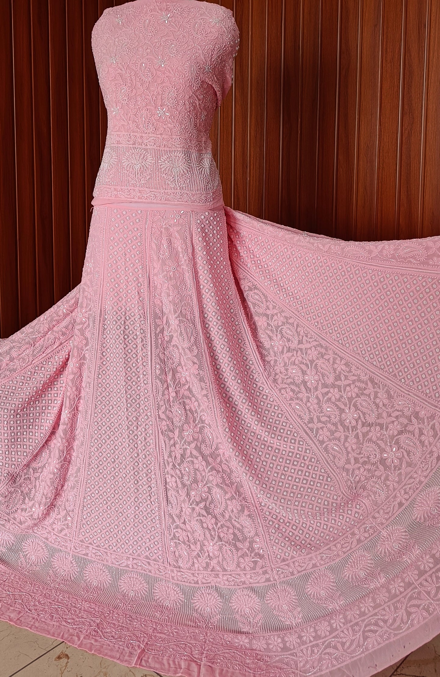 Ruhani Peachy Chikankari Cut Dana Pearl Sequins Wedding Lehenga