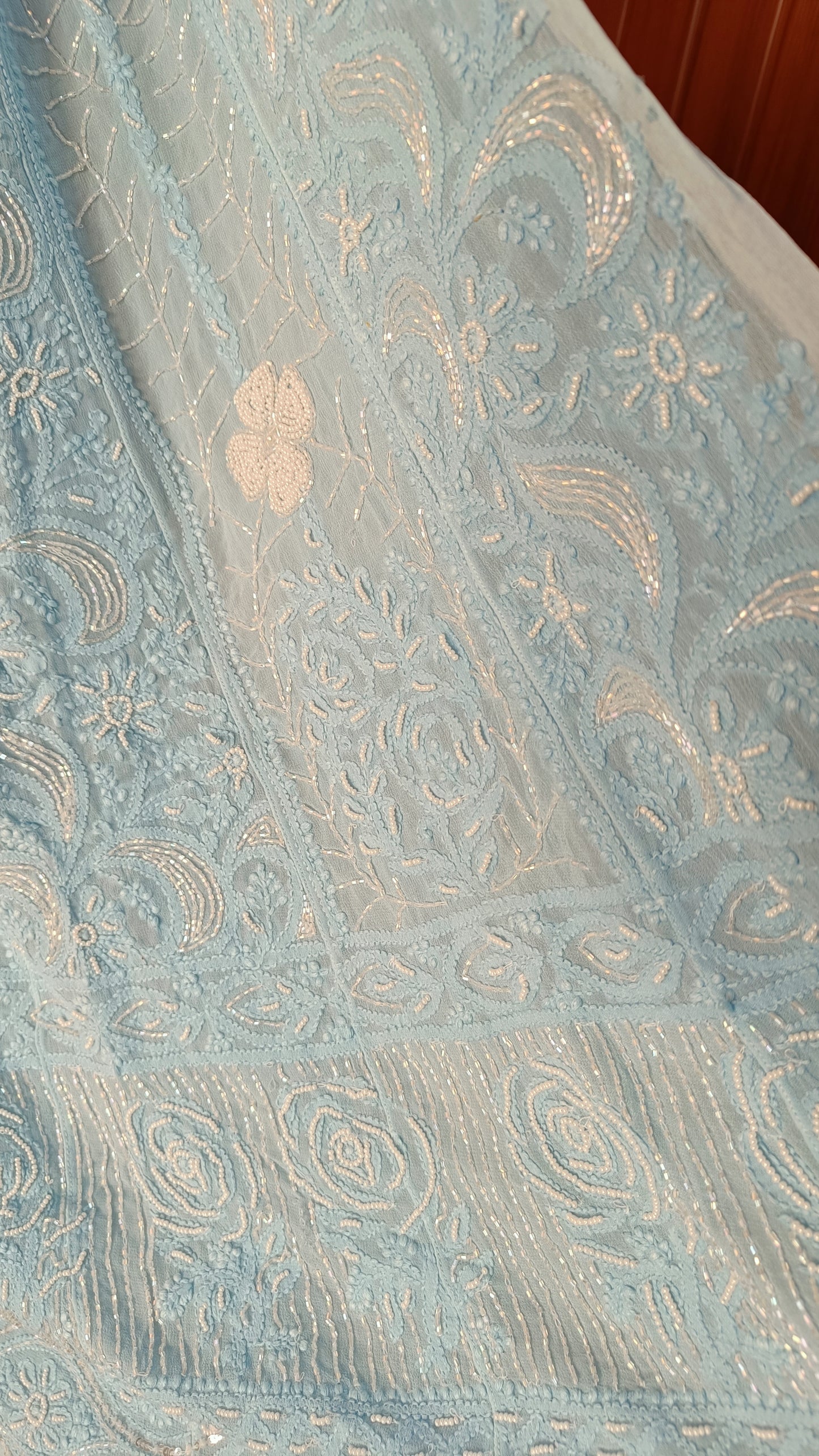 Sky Blue Chikankari Pearl Cut Dana Sequins Embroidered Anarkali with Dupatta