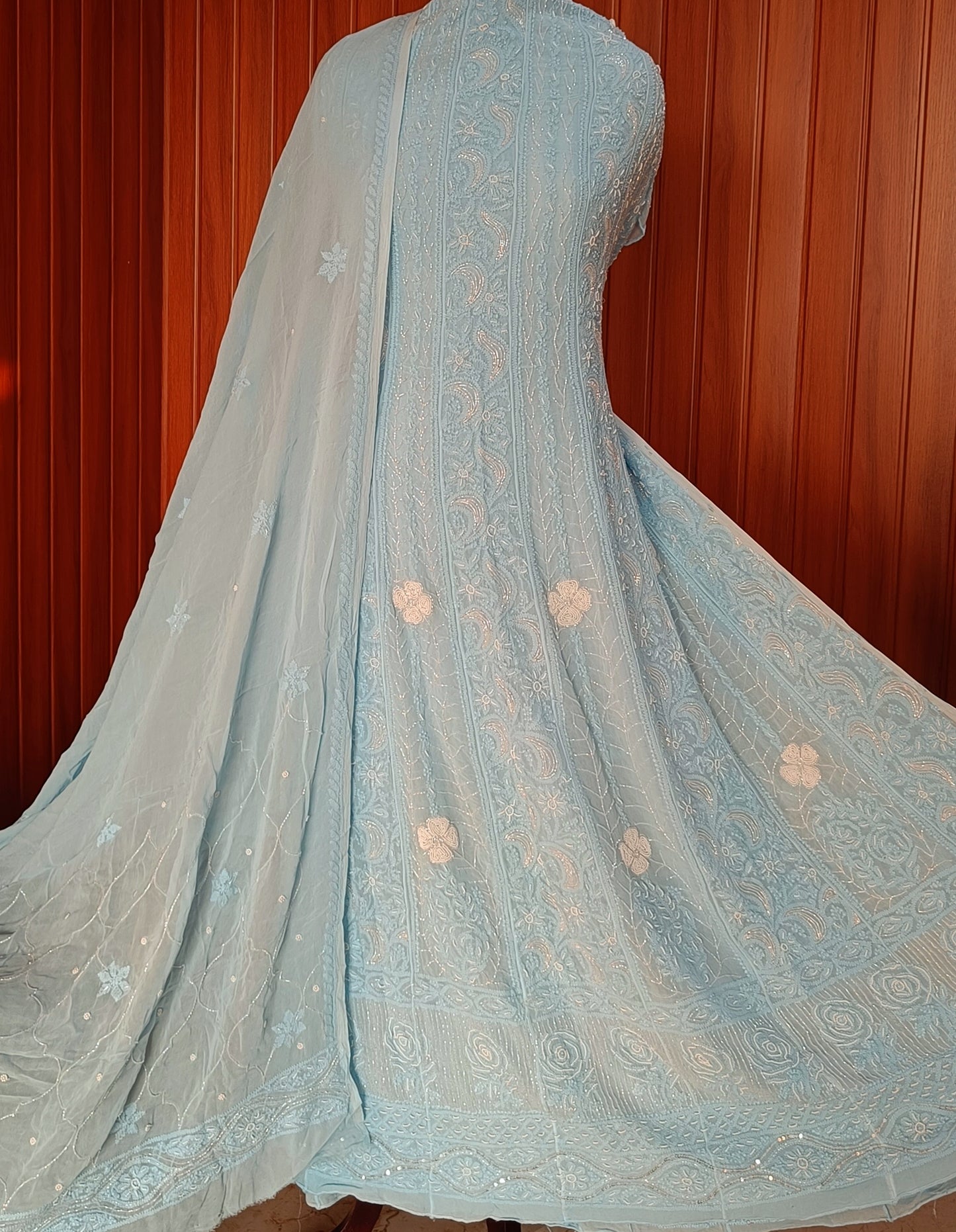Sky Blue Chikankari Pearl Cut Dana Sequins Embroidered Anarkali with Dupatta