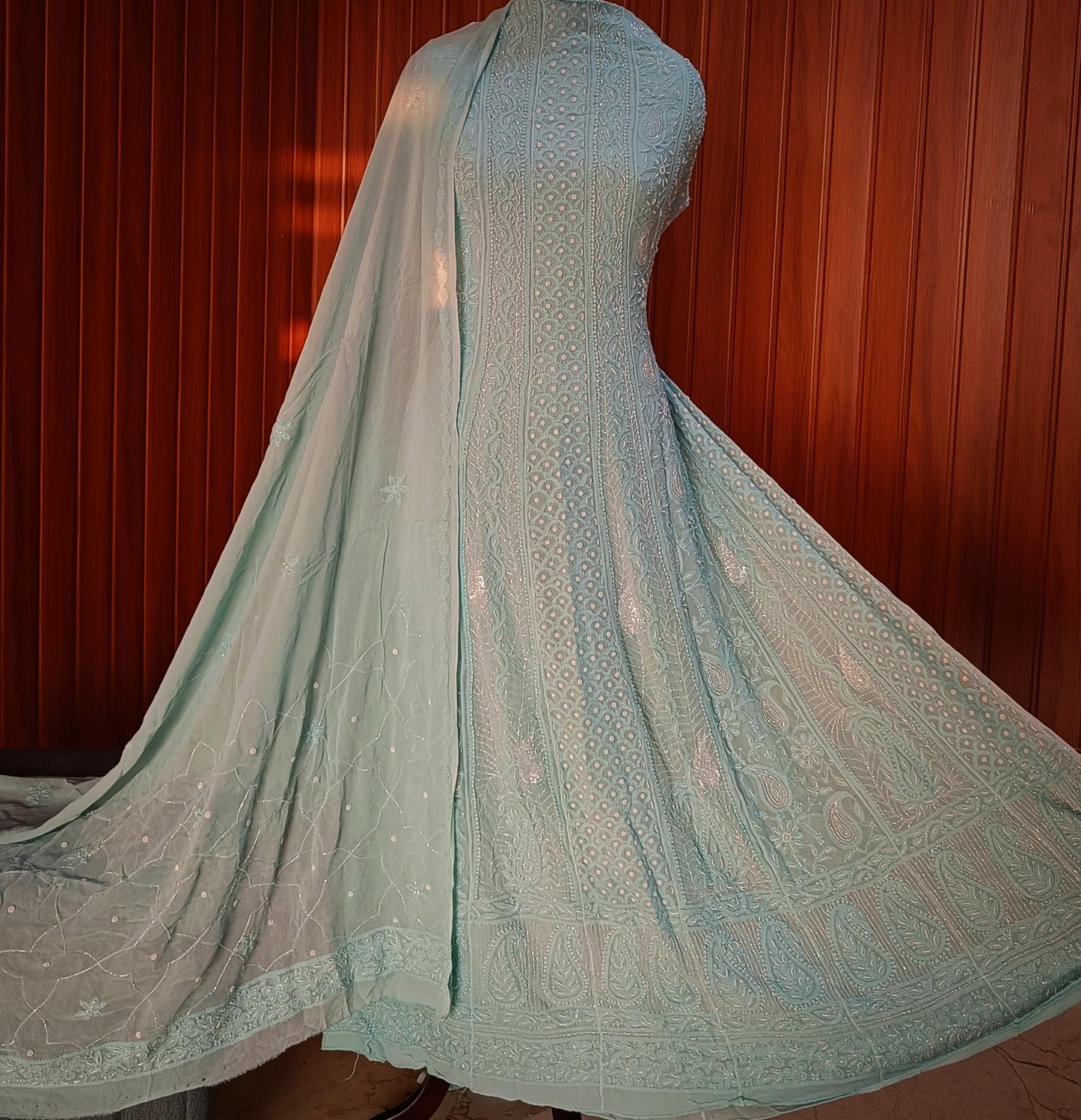 Light Firozi Chikankari Pearl Cut Dana Sequins Embroidered Anarkali with Dupatta