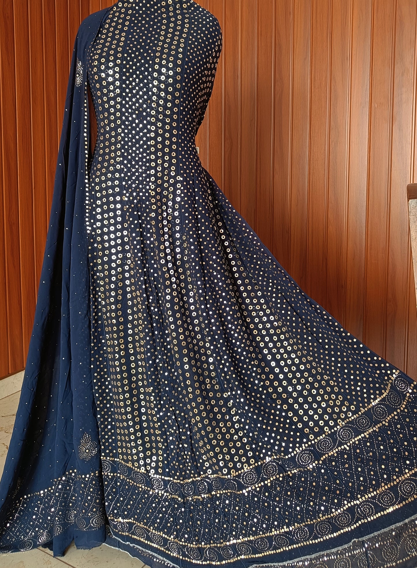 Navy Blue Allover Heavy Mukaish Georgette Anarkali with Dupatta