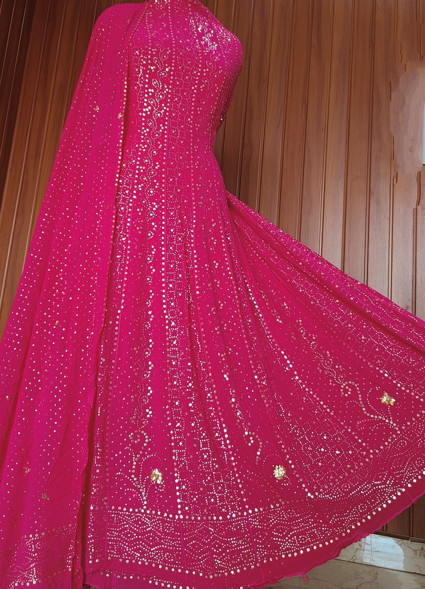 Hot Pink Allover Heavy Mukaish Georgette Anarkali with Dupatta