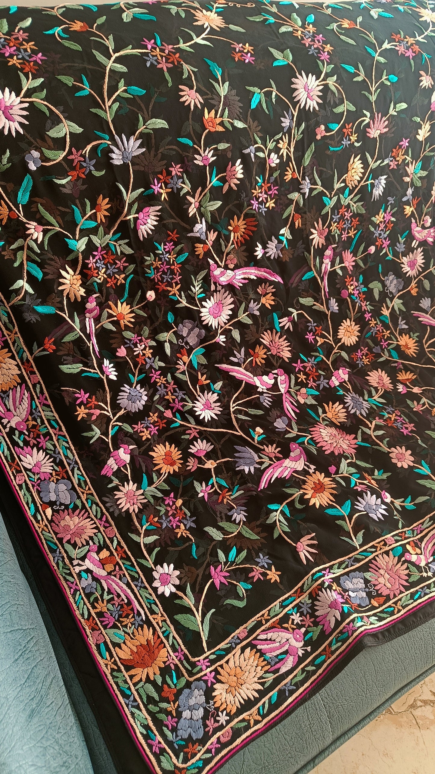 Black and Multicolored Masterpiece Parsi Gara Hand Embroidered Dupatta