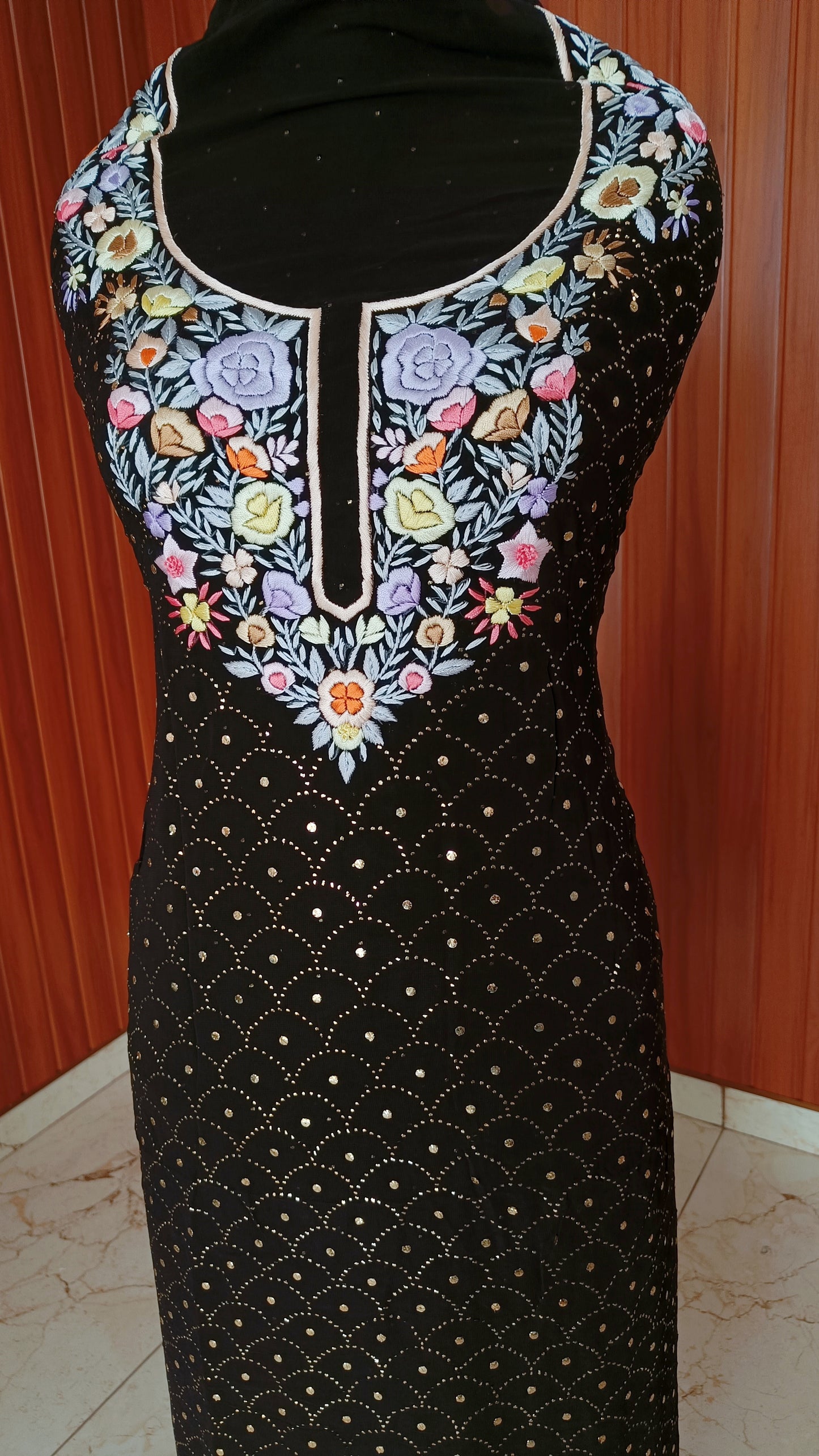 Black Parsi Gara & Allover Mukaish Kurta and Dupatta Set