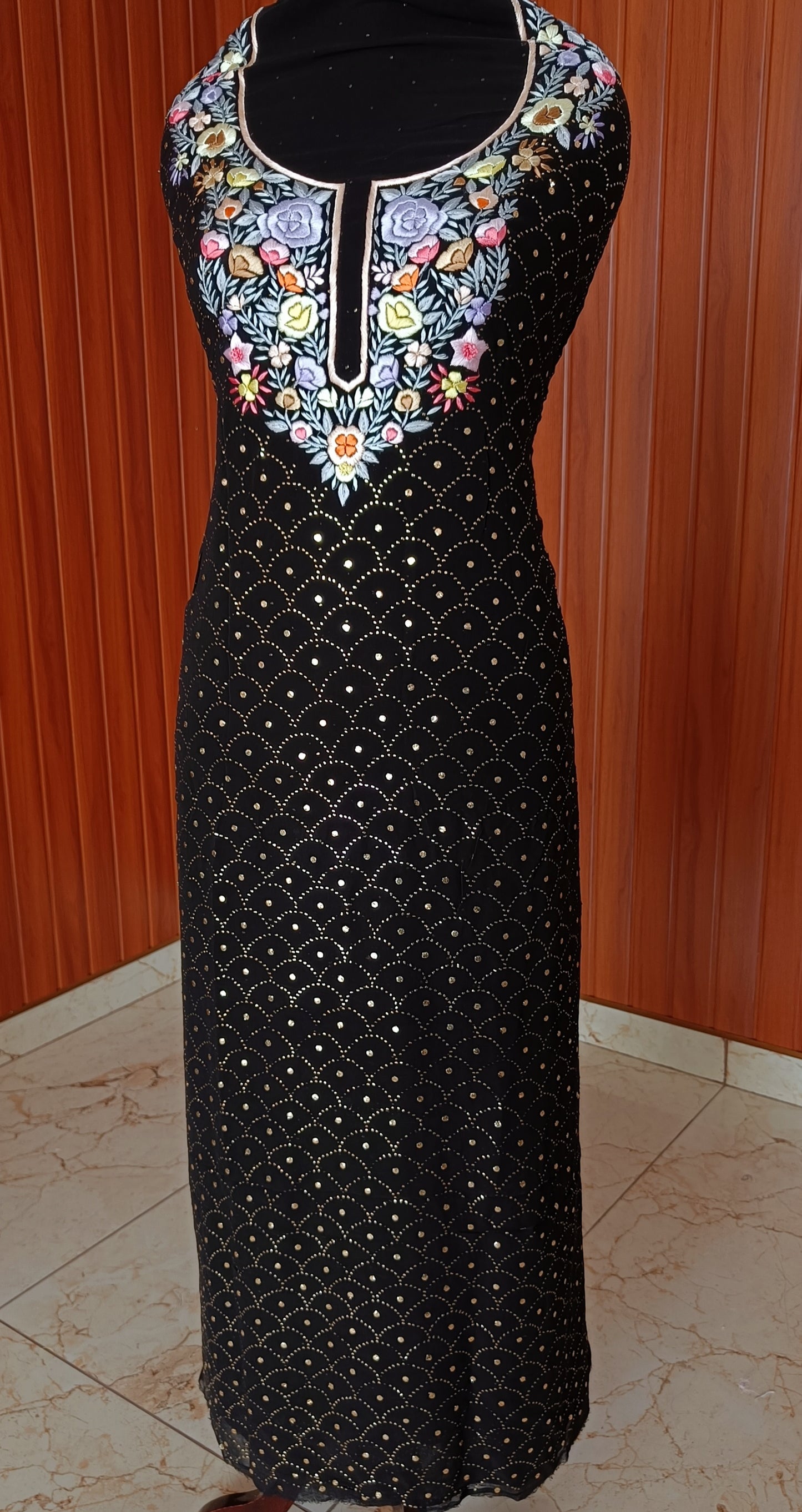 Black Parsi Gara & Allover Mukaish Kurta and Dupatta Set