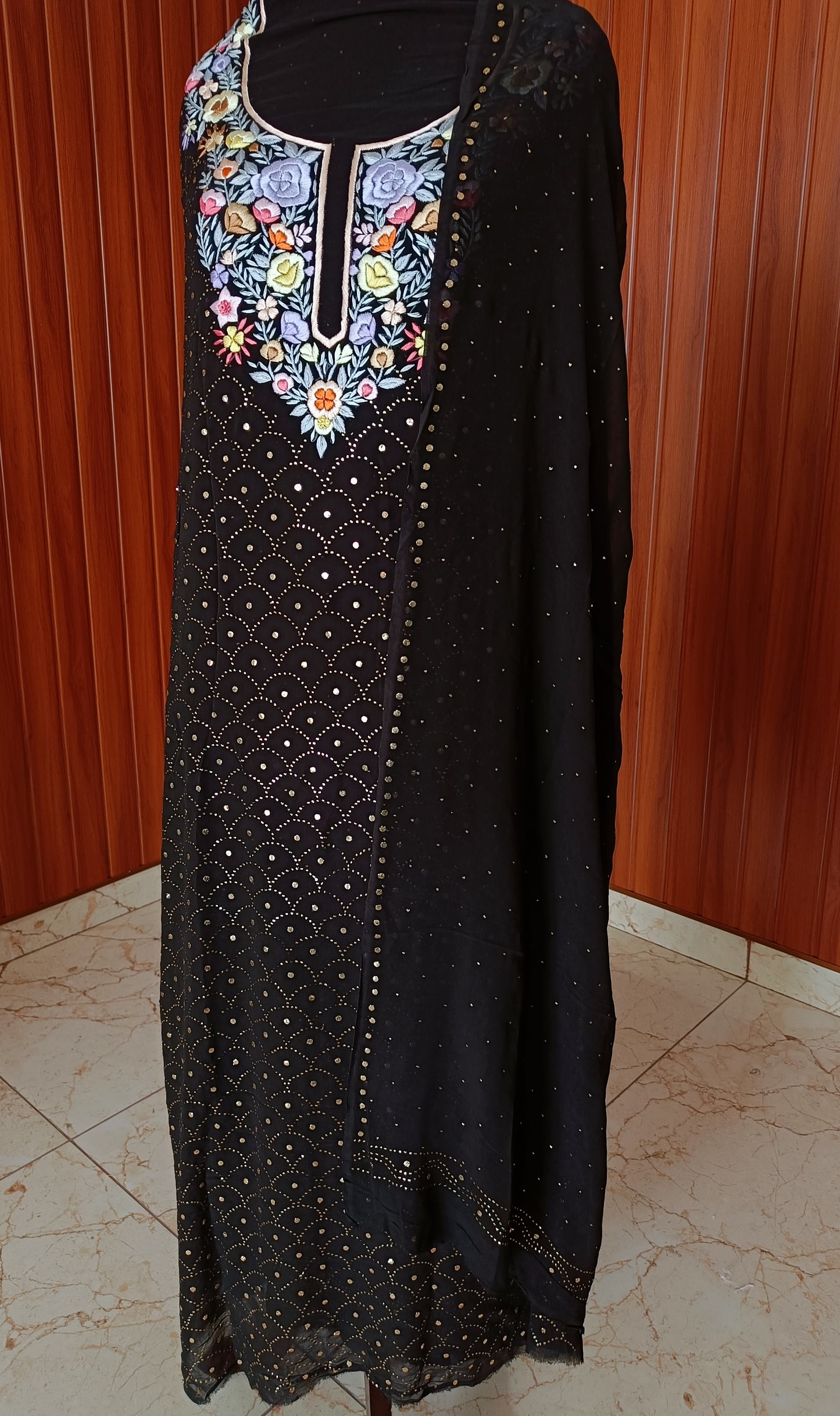 Black Parsi Gara & Allover Mukaish Kurta and Dupatta Set