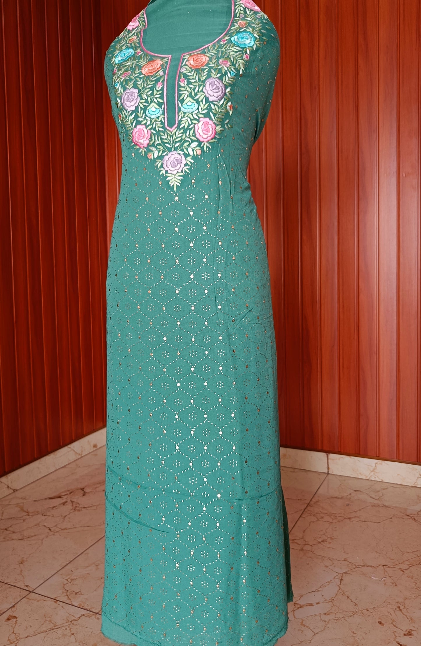 Green Parsi Gara & Allover Mukaish Kurta and Dupatta Set