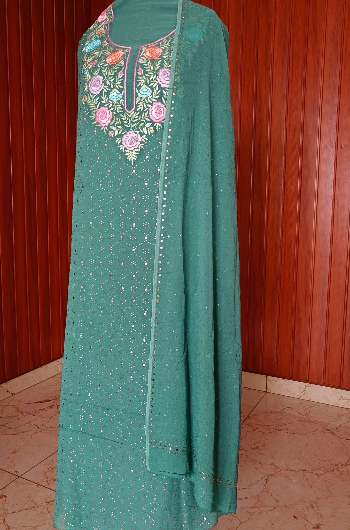 Green Parsi Gara & Allover Mukaish Kurta and Dupatta Set