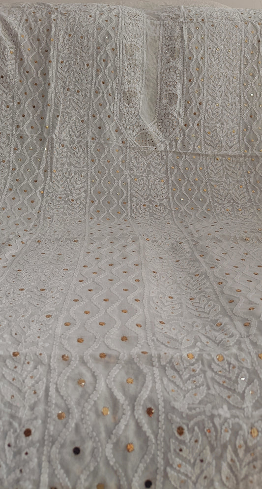 Ivory Pure Georgette Allover Chikankari and Mukaish Men's Kurta Fabric