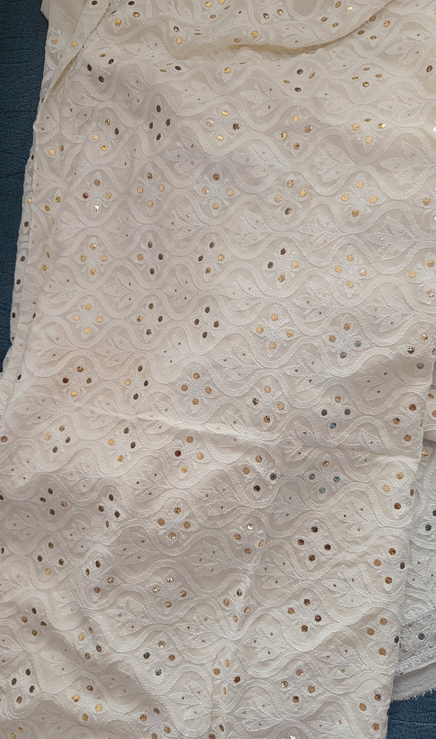 Ivory Pure Georgette Allover Chikankari and Mukaish Men's Kurta Fabric