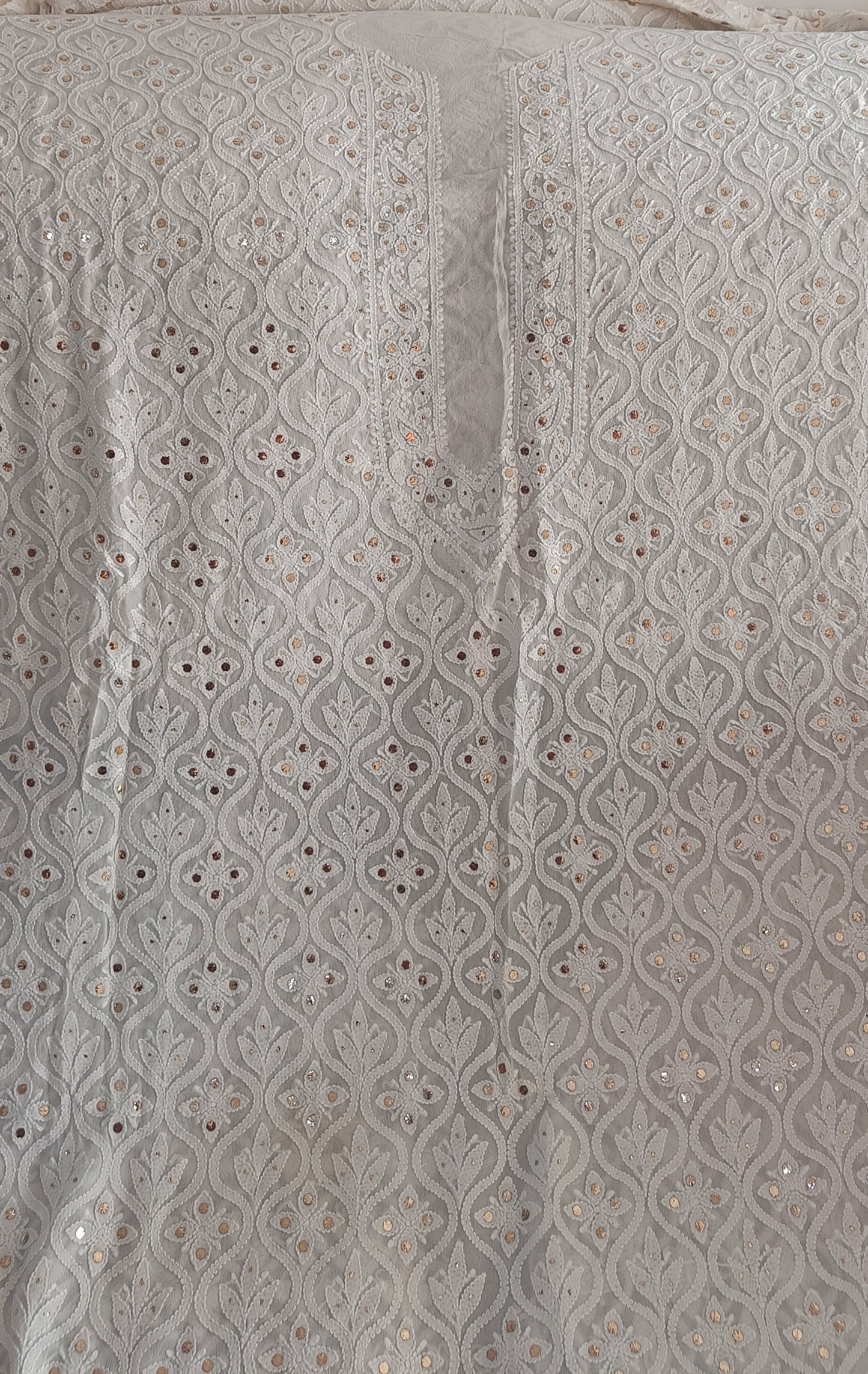 Ivory Pure Georgette Allover Chikankari and Mukaish Men's Kurta Fabric