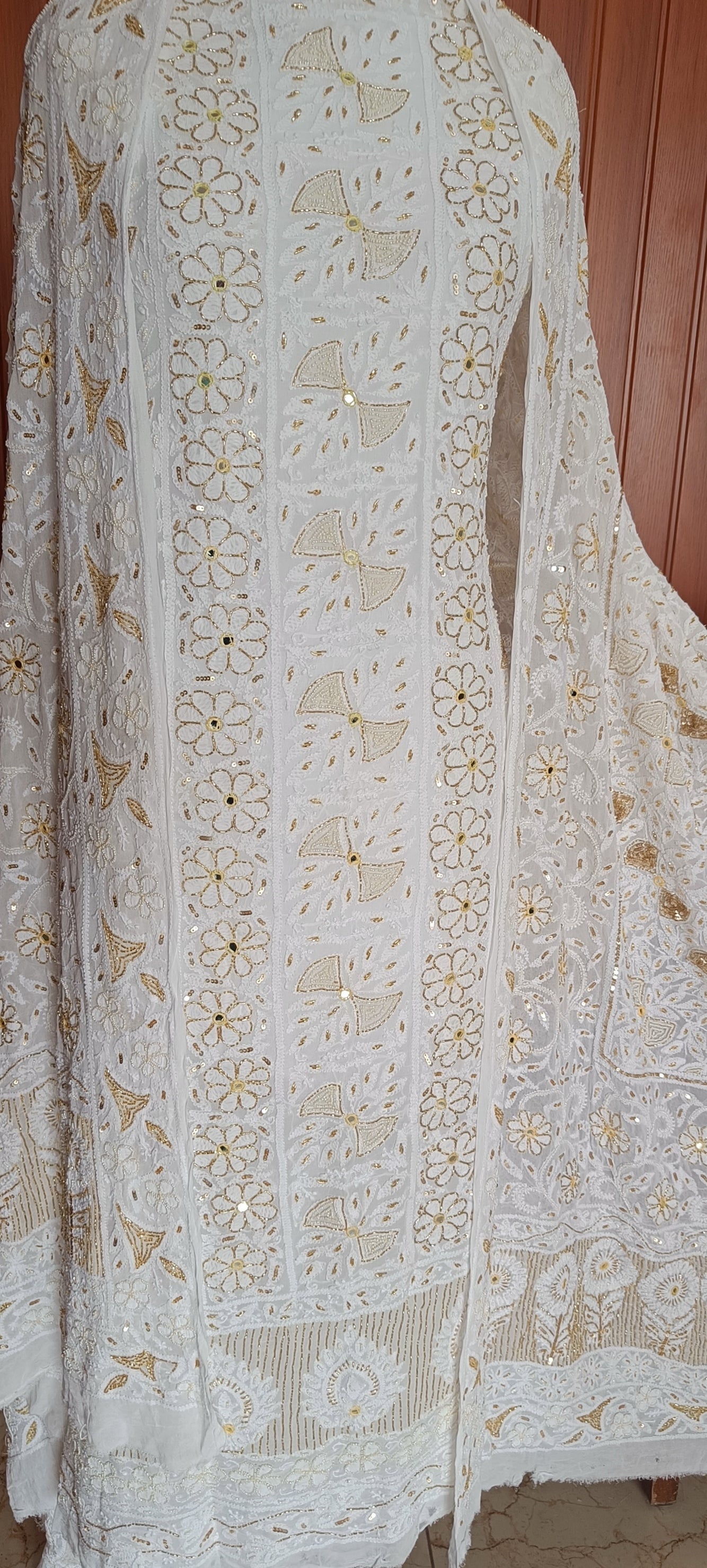 Off white Chikankari Pearl Sequins Cut Dana Kurta with Jaal Dupatta