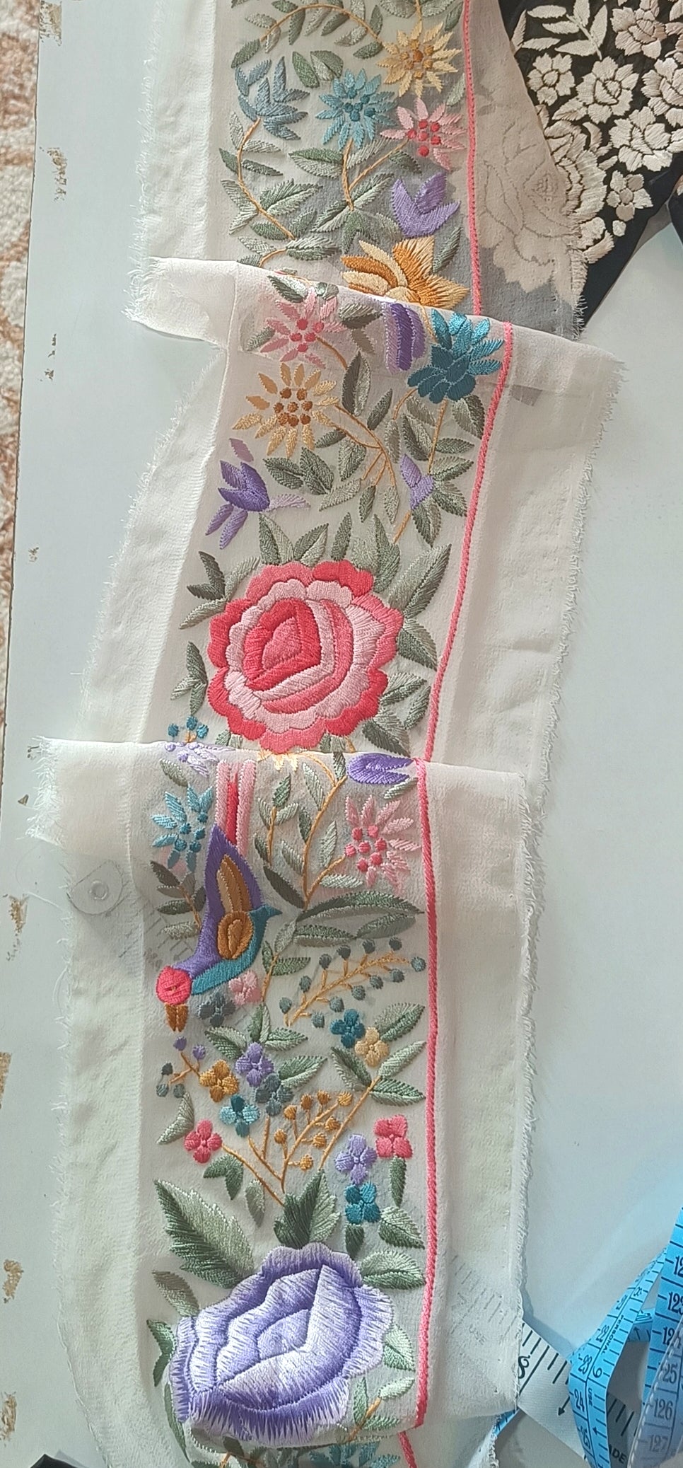 Off white White multicolored hand embroidered parsi gara border