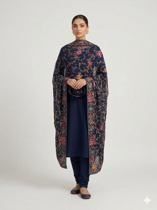 Navy Blue Multicolored Masterpiece Parsi Gara Dupatta
