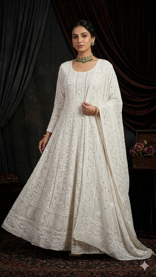 White allover Chikankari and mukaish anarkali with dupatta