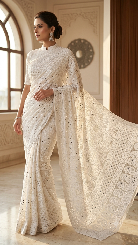 Ruhani Ivory Allover Fine Chikankari and Mukaish Saree
