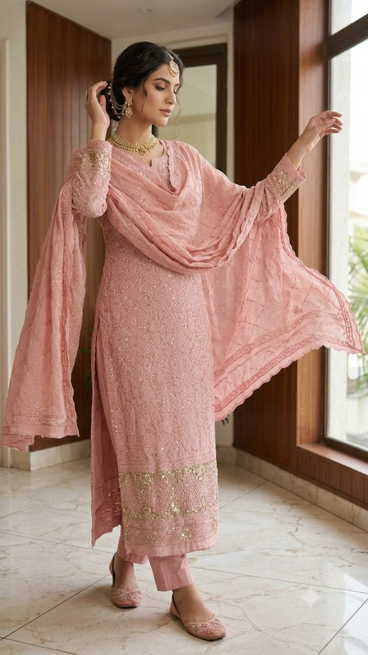 Suhaan 2 taar Chikankari front and back embroidered kurta and dupatta
