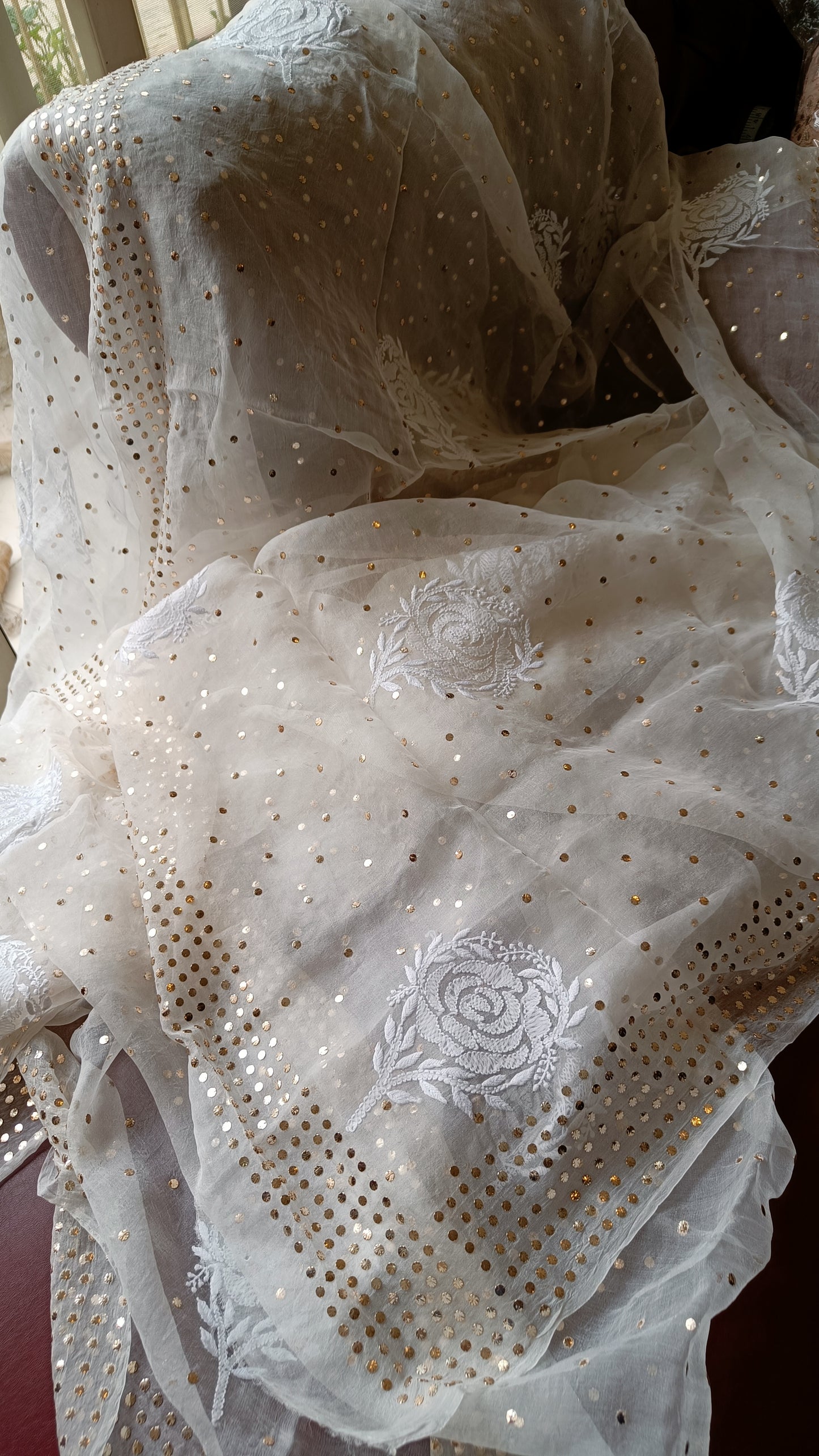 Ruhani Ivory Pure Organza Saree with Allover Chikankari and Mukaish