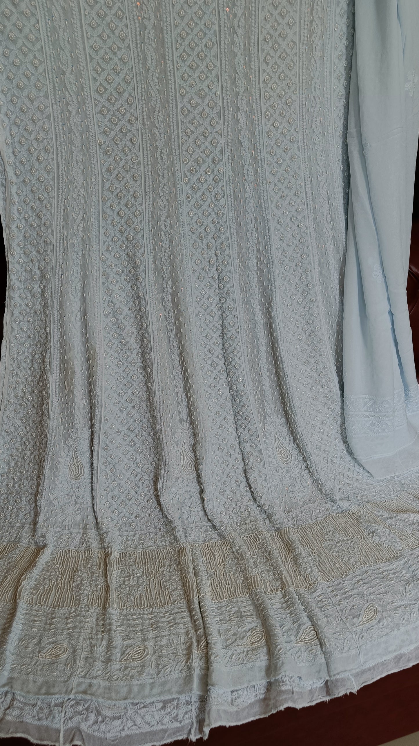 Powder Blue Chikankari and Pearl Embroidered Anarkali with Dupatta
