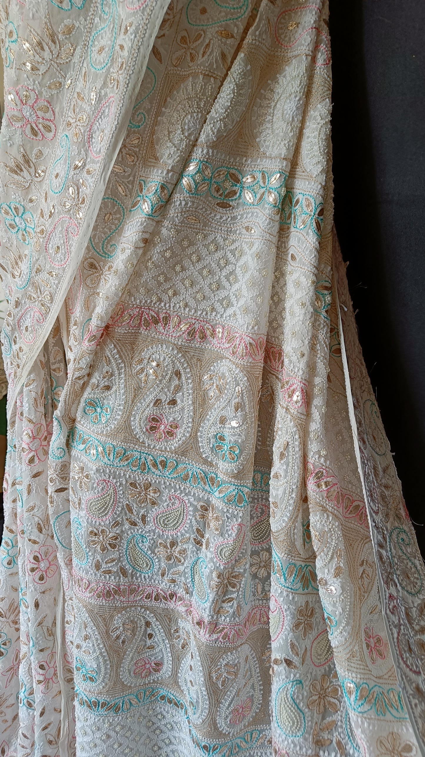 Ruhani Ivory Saree Allover Chikankari Multicolored Resham and Gota Patti Work