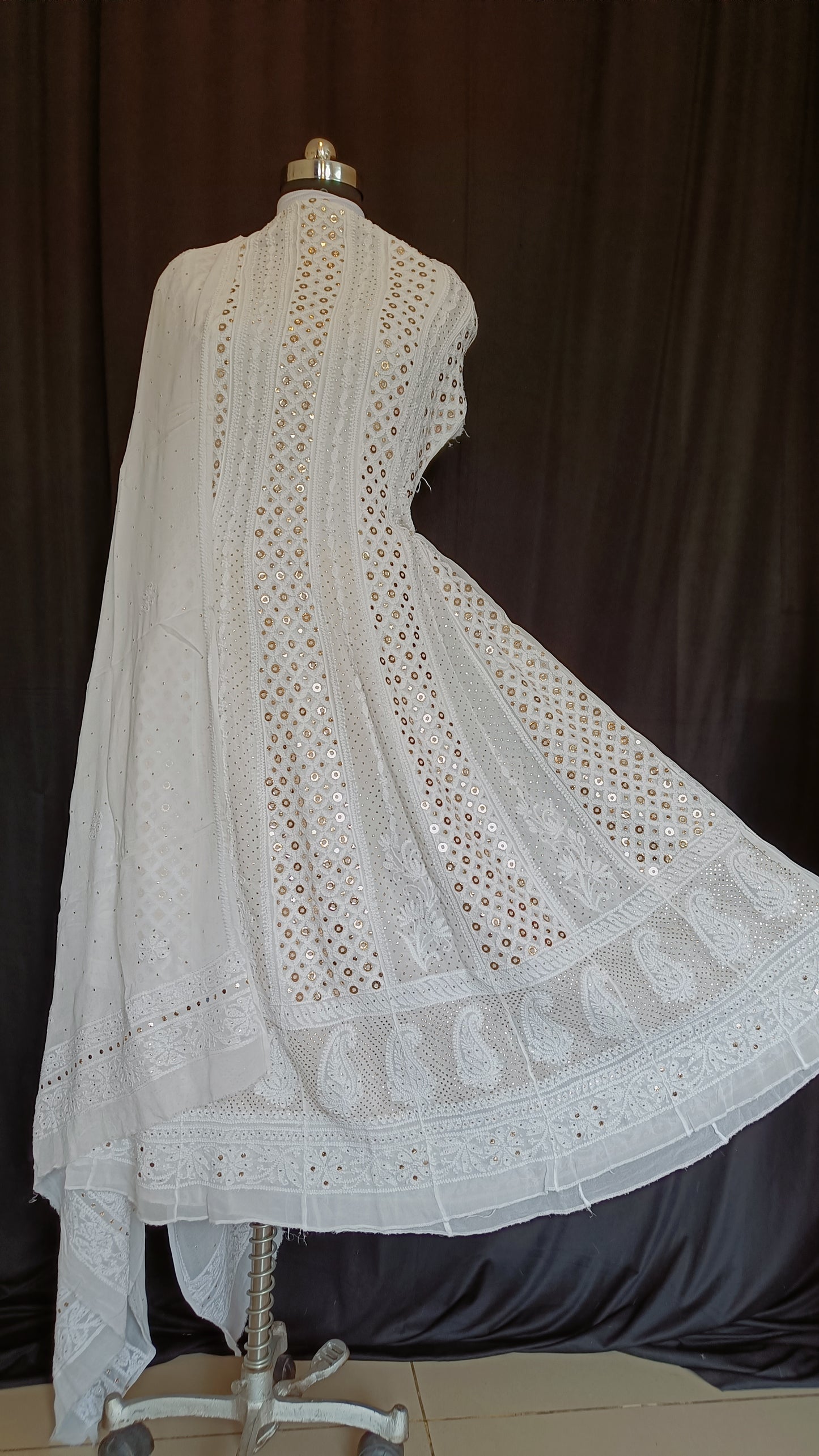 White Allover Chikankari and Heavy Ring Mukaish Anarkali with Dupatta