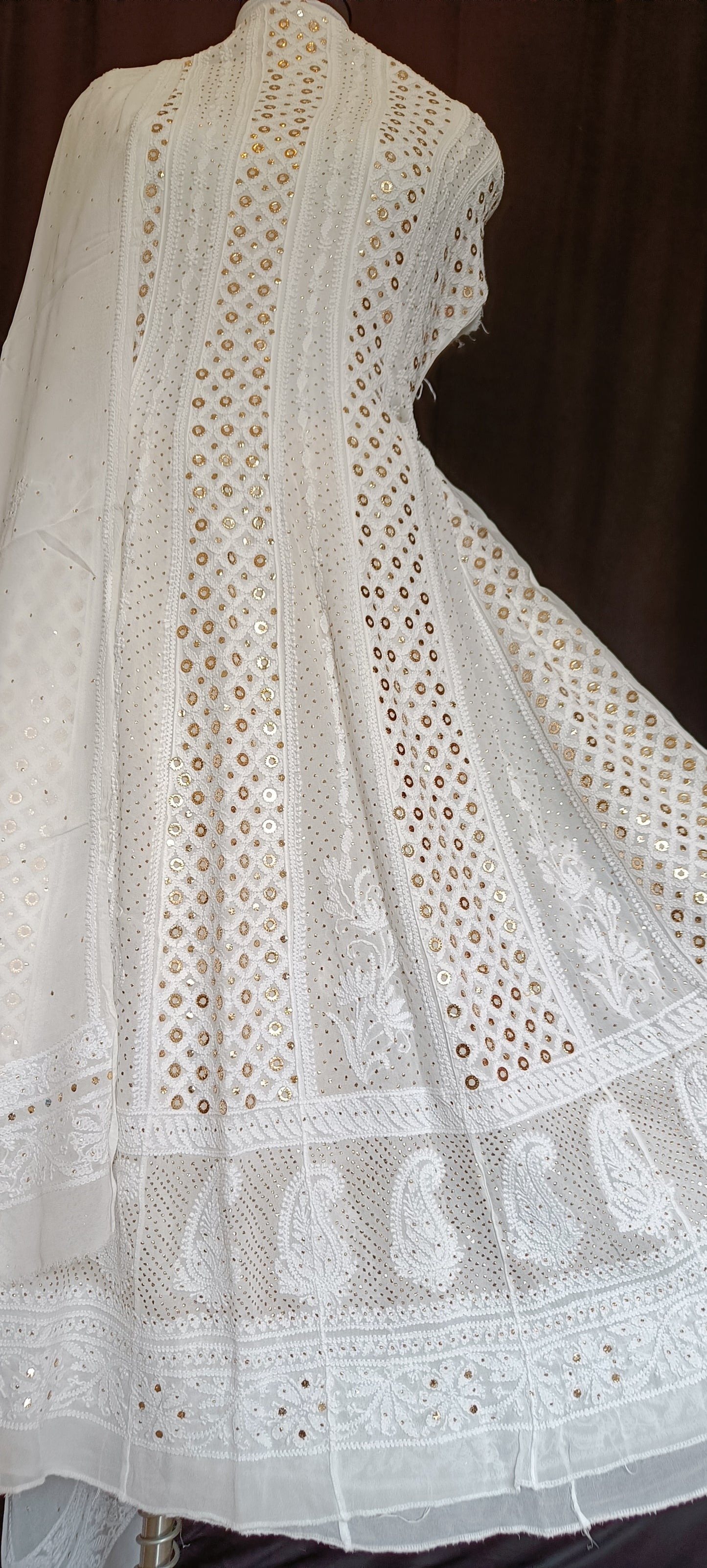 White Allover Chikankari and Heavy Ring Mukaish Anarkali with Dupatta