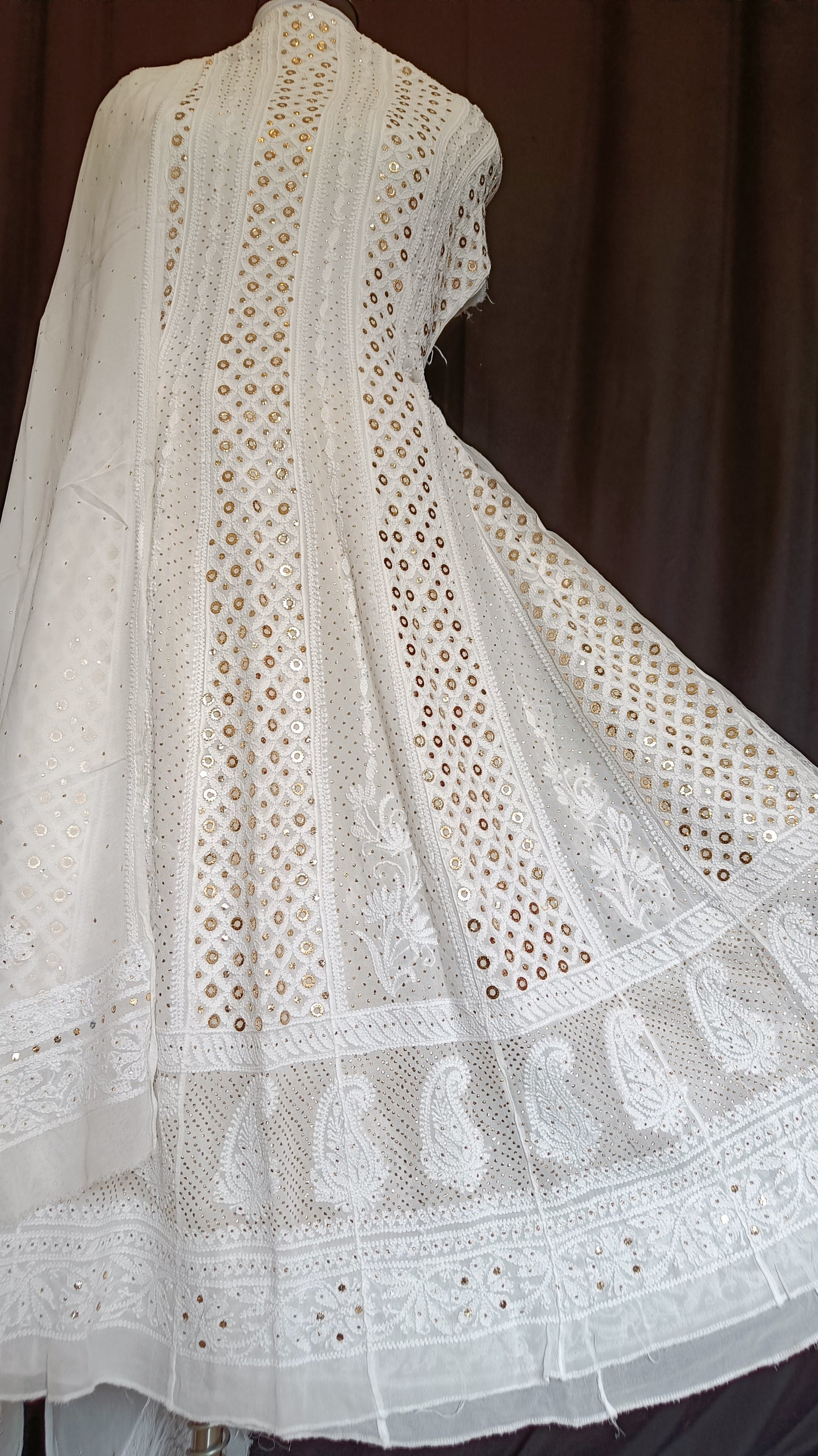 White Allover Chikankari and Heavy Ring Mukaish Anarkali with Dupatta