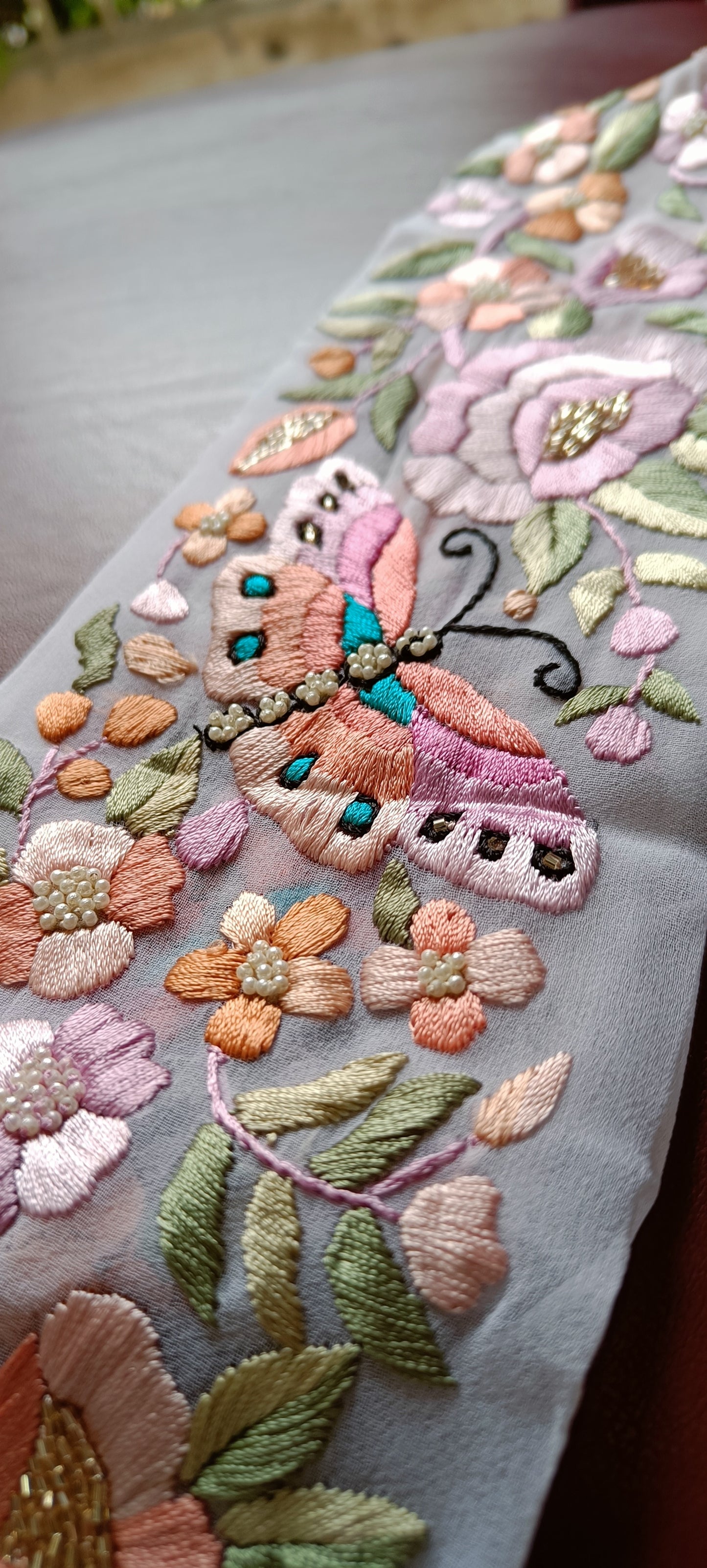 White Multicolored Hand Embroidered Parsi Gara Border
